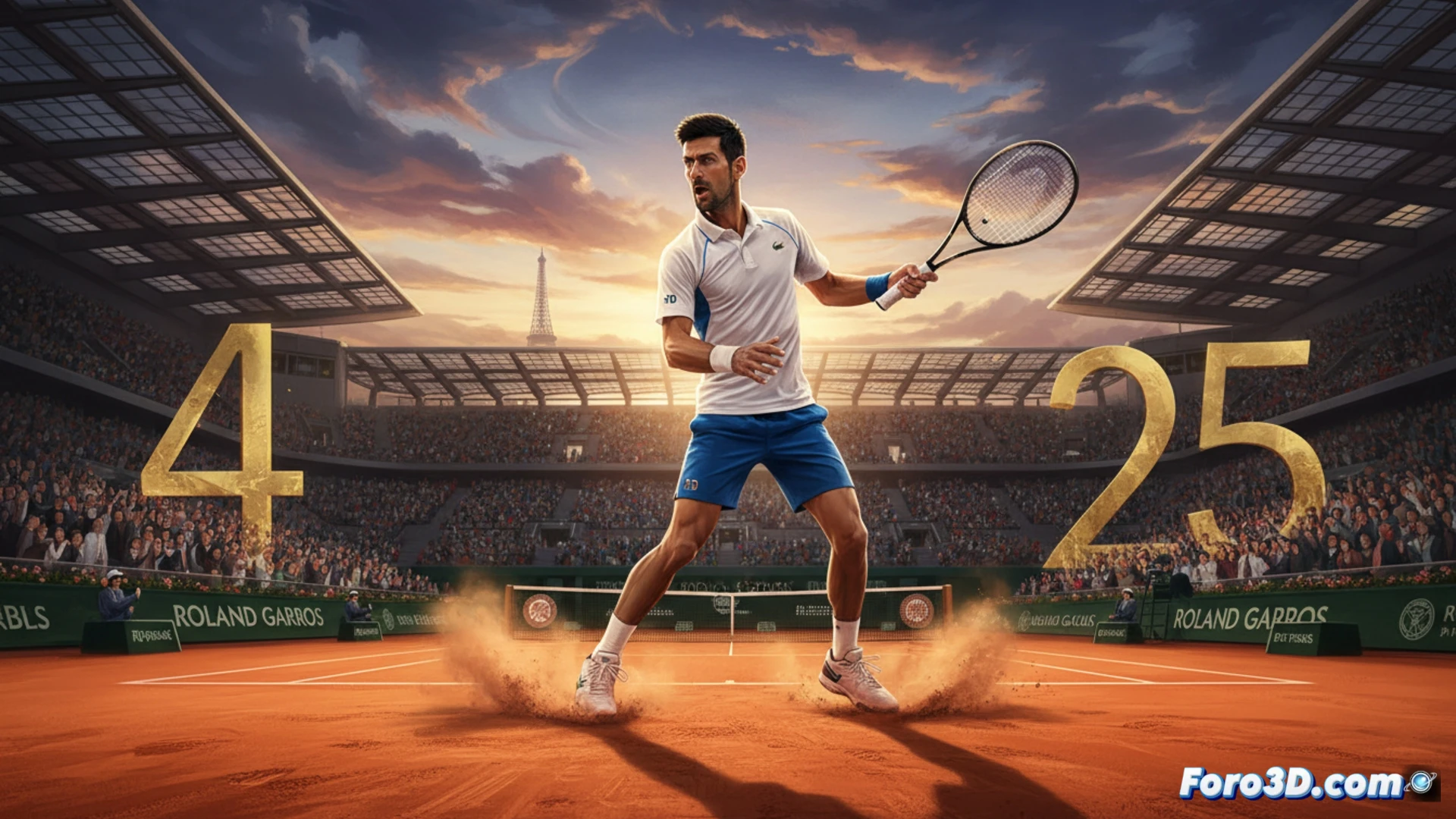 Novak Djokovic en acción sobre la arcilla roja de Roland Garros, raqueta en movimiento durante un potente golpe de derecha, polvo de ladrillo levantándose en el impacto, cuerpo en tensión dinámica, fondo de gradas llenas y cielo nublado, mostrando el proceso de preparación física y técnica, iluminación dramática de estadio, realismo cinematográfico, detalle en sudor y textura de la muñequera, profundidad de campo enfocando al tenista, photorealistic sports visualization