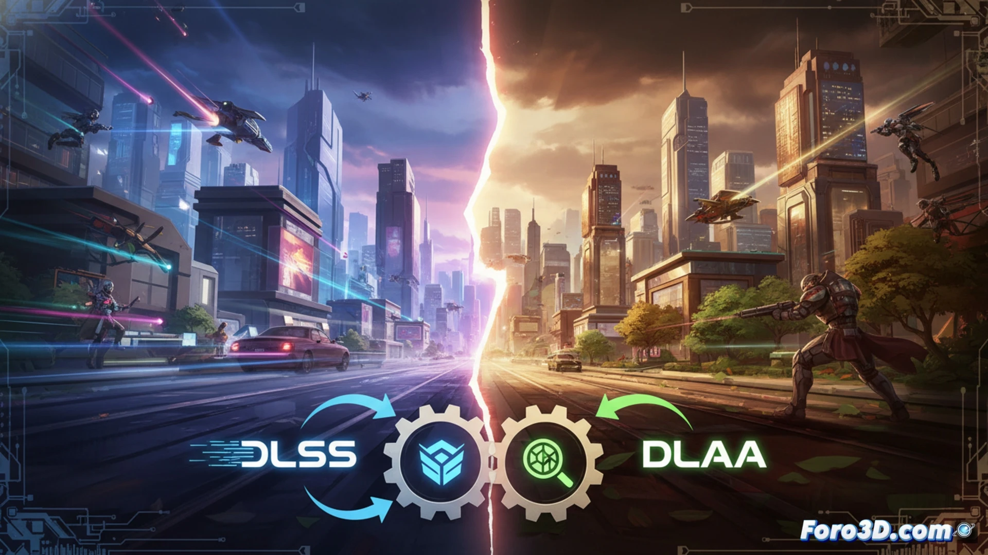 Photorealistic technical illustration of a gaming monitor split vertically, left side showing DLSS active with motion blur trails and high FPS counter graphic, right side demonstrating DLAA sharpening jagged polygon edges on a medieval castle wall, a stylized NVIDIA GPU in the center with glowing blue and orange paths diverging toward each side, subtle pixel grid texture on both halves, cinematic lighting with cool blue tones on performance side and warm sharp focus on clarity side, ultra-detailed micro-soldering on GPU board visible, engineering visualization style, dramatic contrast between flowing motion and static precision