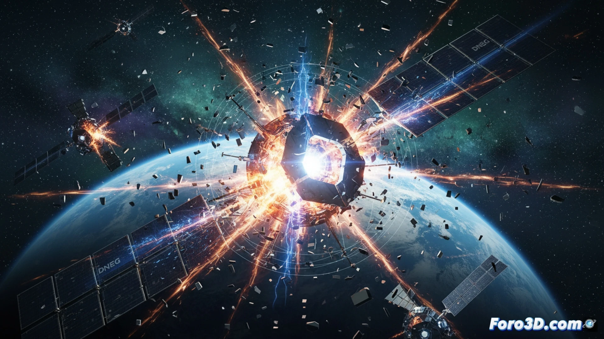 Earth from orbit during satellite destruction sequence, multiple self-destructing satellites exploding in chain reaction, debris fragments scattering in slow motion, shockwaves rippling through space debris field, glowing orange explosion cores against dark blue planet curvature, satellite components disintegrating with metallic shrapnel, cinematic photorealistic space visualization, volumetric lighting from explosions casting shadows on satellite hulls, atmospheric haze on Earth limb, hyperdetailed mechanical structures breaking apart, particle simulation with trailing sparks, wide cinematic shot showing scale of destruction