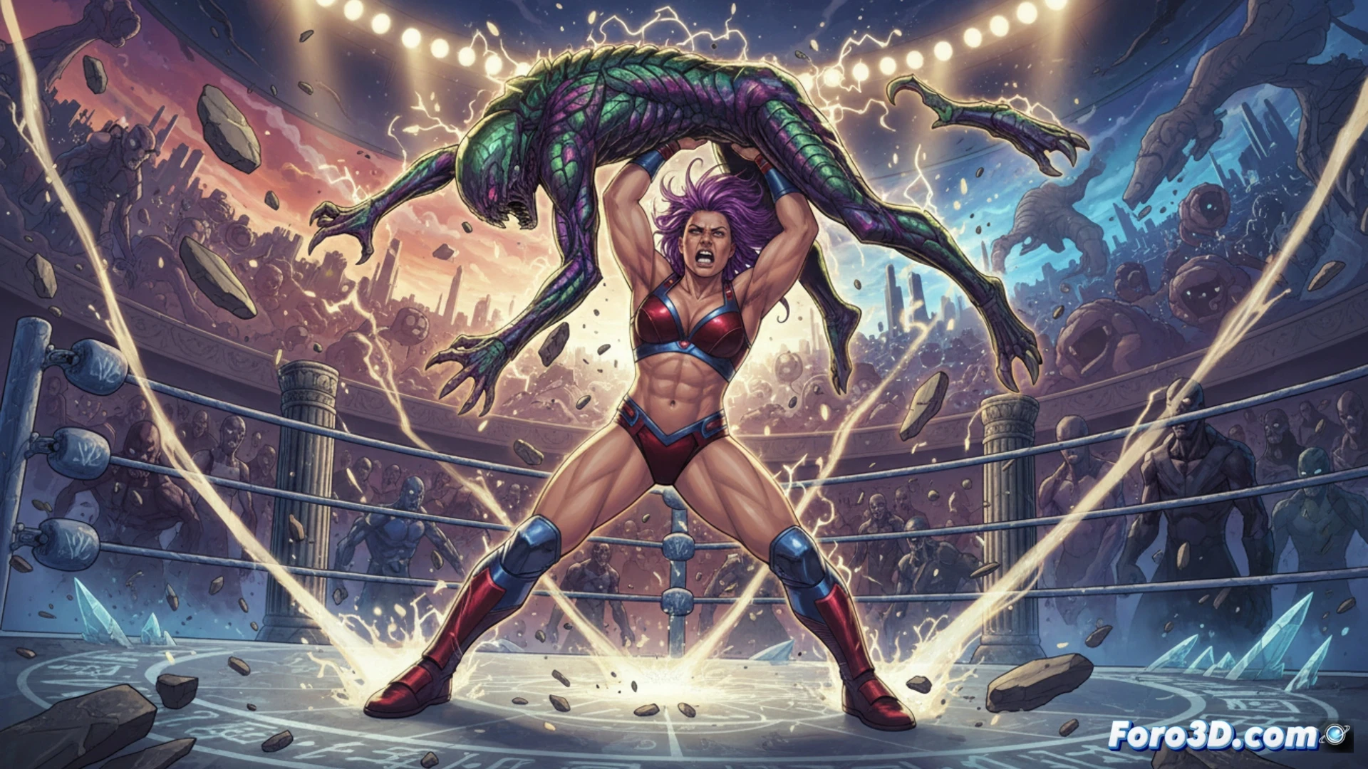 Viñeta cinética de lucha libre interdimensional en Do a Powerbomb de Daniel Warren Johnson