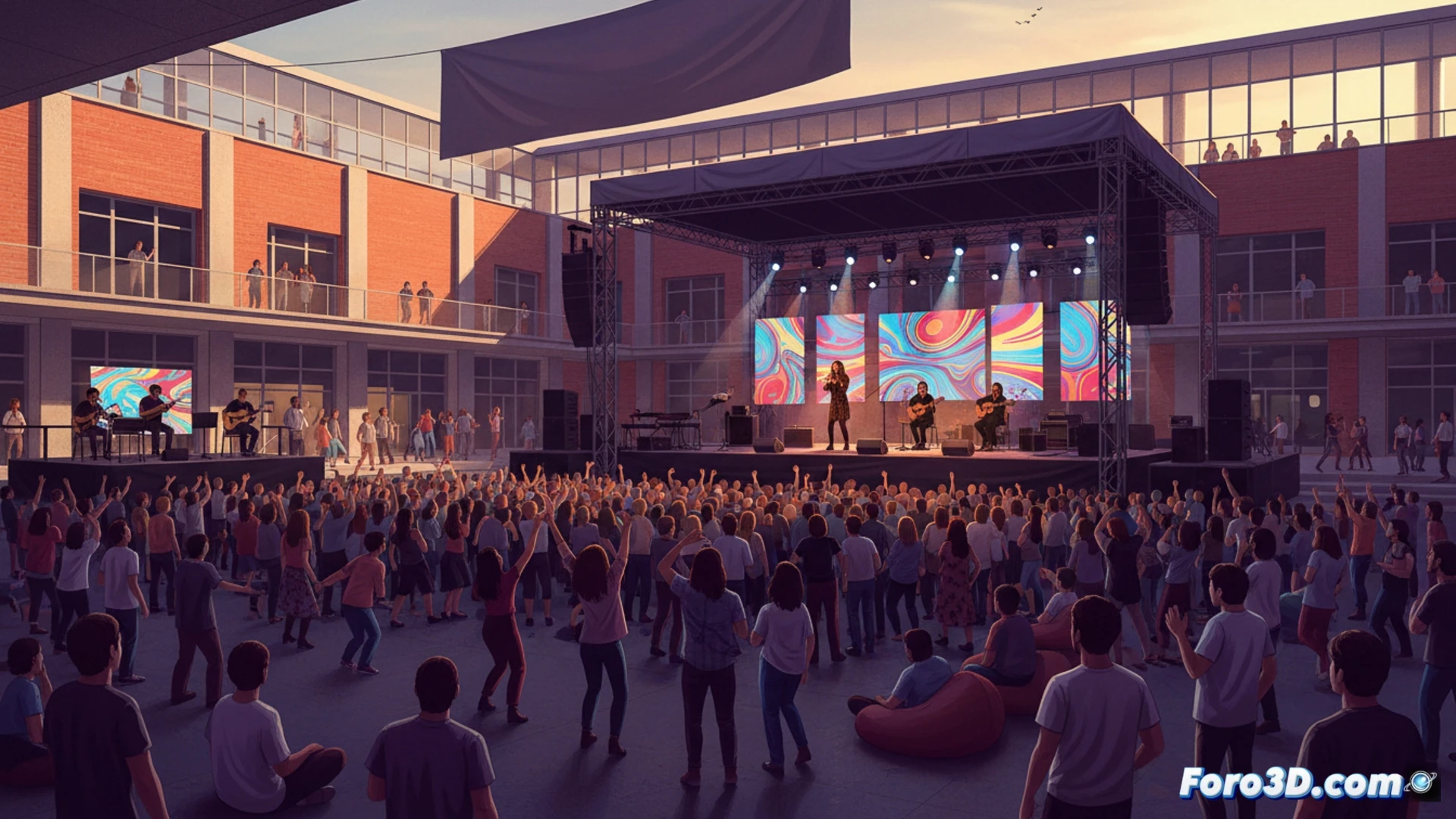 Un patio del Reina Sofía con escenario, luces de colores y público disfrutando del maratón musical de doce horas.