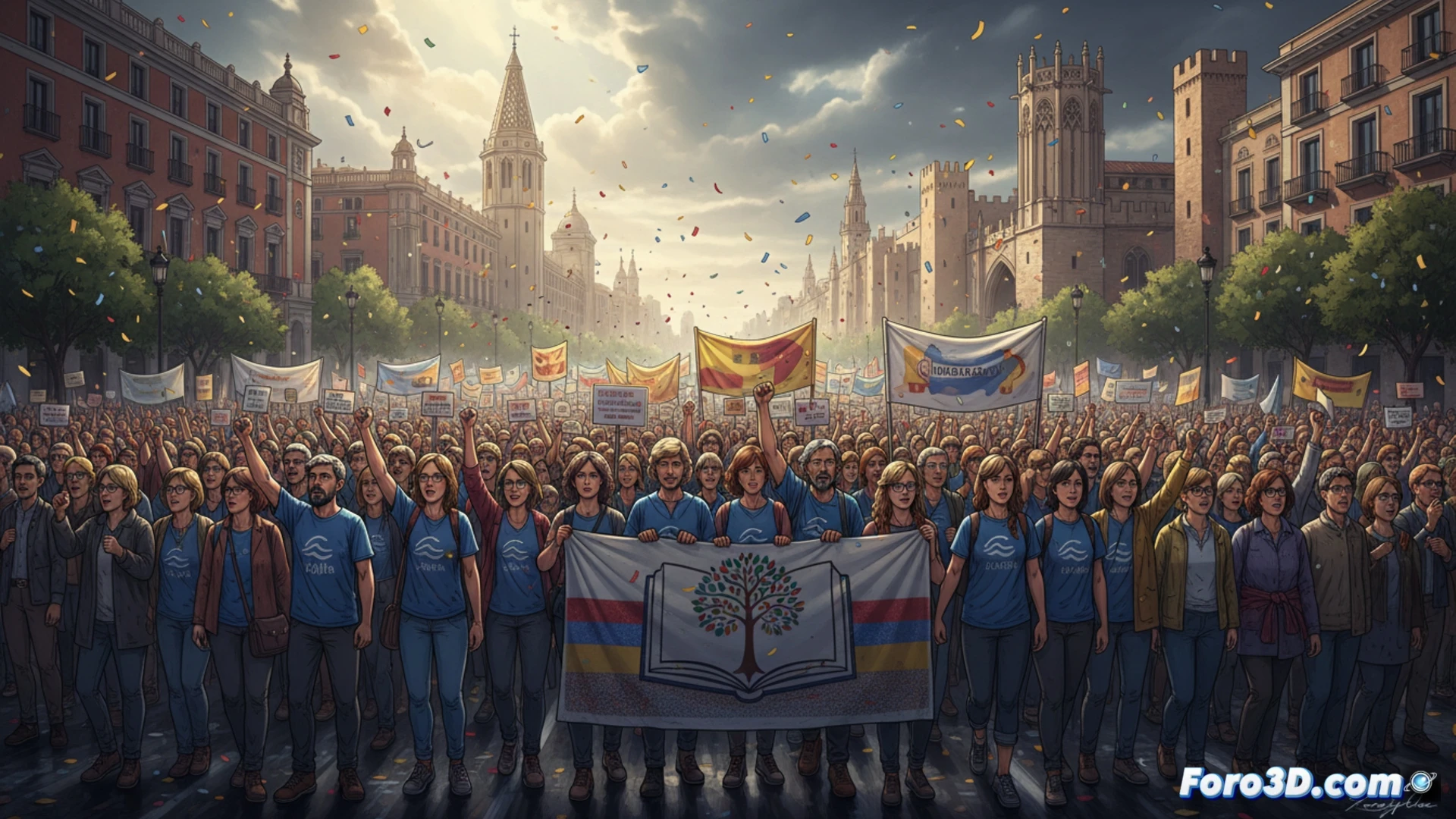 crowd of teachers marching through Valencia streets during a protest, raised fists holding union flags with stylized gear and book symbols, public school teachers in casual attire and whistles, banner reading in valencian language visible but without text in final image, strong sunlight casting long shadows on pavement, motion blur on walking legs, photorealistic documentary style, wide-angle lens perspective, dramatic sky with clouds, unity and determination expressed through body language, high detail on fabric folds and sweat, realistic crowd density and depth of field