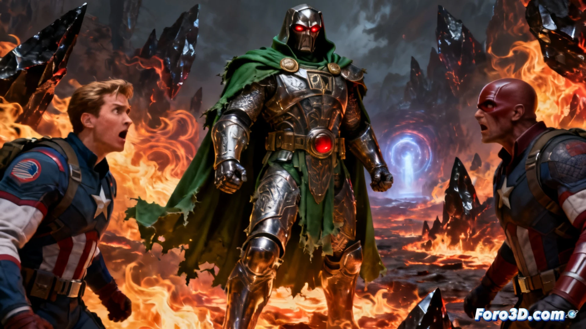 Doctor Doom trapped in a burning hellscape, chained to a twisted iron throne, demonic hands clawing at his armor while green mystical energy pulses from his gauntlets, Steve Rogers and Nick Fury observing through a dimensional rift, floating data screens showing Doom's brainwave patterns and temporal anomalies, cinematic photorealistic style, hellfire reflections on polished metal, smoke and ember particles, dramatic chiaroscuro lighting, ultra-detailed armor textures, infernal landscape with fractured stone pillars, motion blur on chain restraints, glowing runes on the throne, technical visualization of interdimensional surveillance equipment, dark saturated color palette