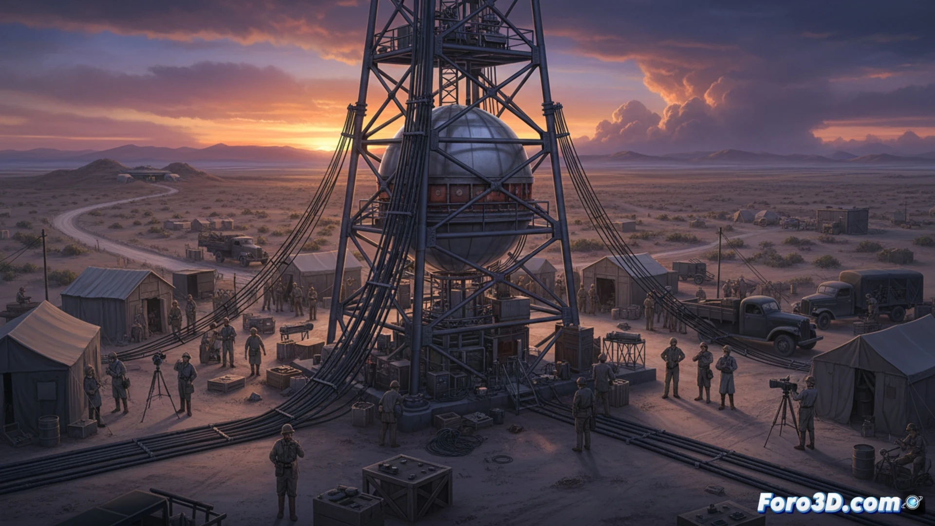 Photorealistic engineering visualization of Trinity test site preparation, desert technicians adjusting firing cables on a steel tower base, oscilloscope screens displaying electrical signals, high-voltage detonator components being connected, sand swirling around metal equipment, harsh New Mexico sunlight casting long shadows, vintage military trucks in background, concrete bunker observation post visible, dramatic dusty atmosphere, ultra-detailed mechanical switches and wiring, cinematic documentary style, historical technical illustration aesthetic