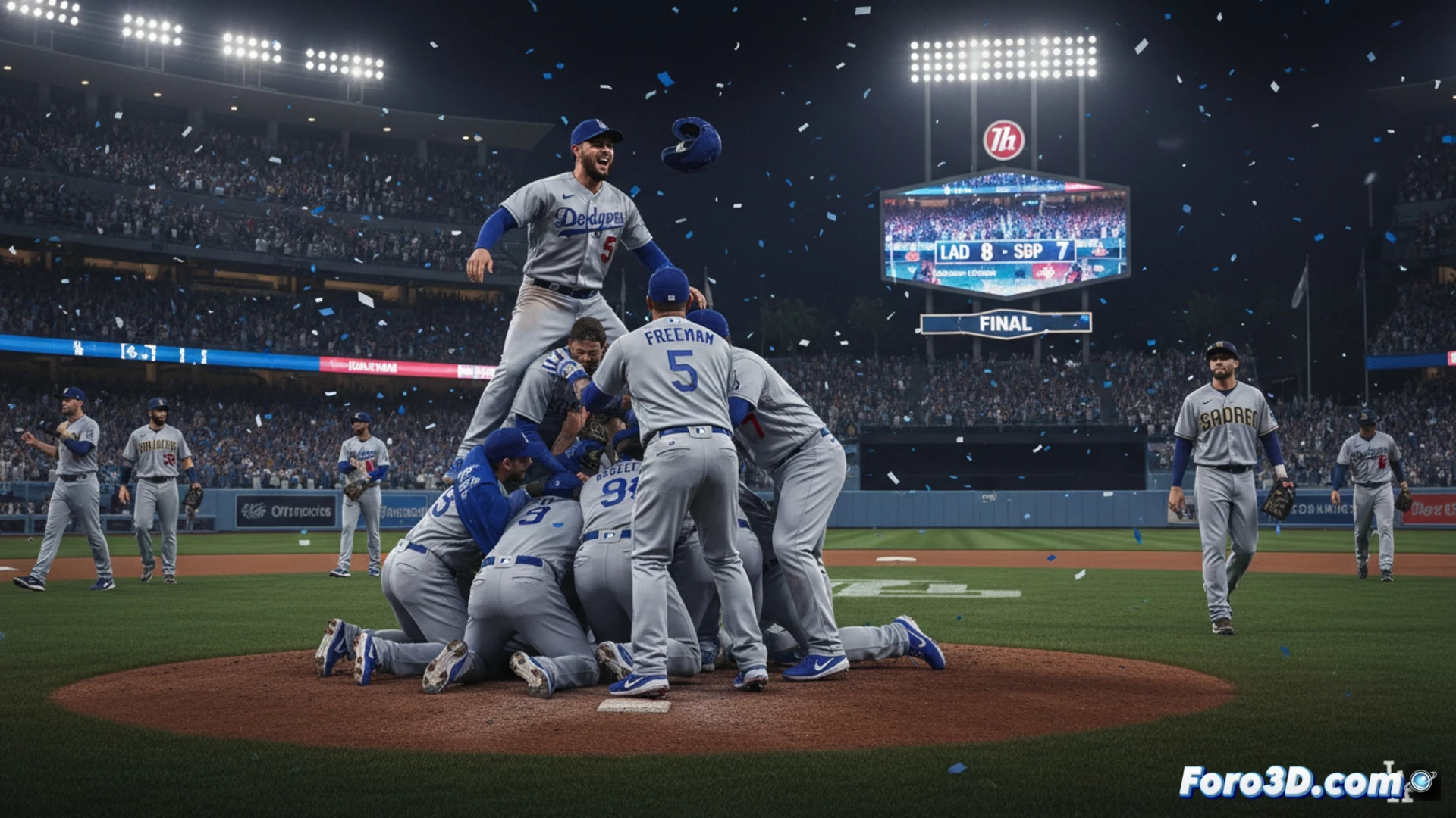 Dodgers dugout celebration erupting as Freddie Freeman rounds third base after a walk-off home run, bat tossed mid-air, teammates pouring onto the field, Padres outfielders frozen in defeat, Dodger Stadium crowd roaring with raised arms, blue and white uniforms contrasting against green grass, dramatic stadium floodlights casting long shadows, high-speed camera freeze-frame capturing dust particles kicked up from home plate, photorealistic sports photography style, cinematic depth of field, dynamic action pose, emotional peak moment, ultra-detailed facial expressions, motion blur on swinging arms, crisp focus on Freeman’s jersey number and bat arc