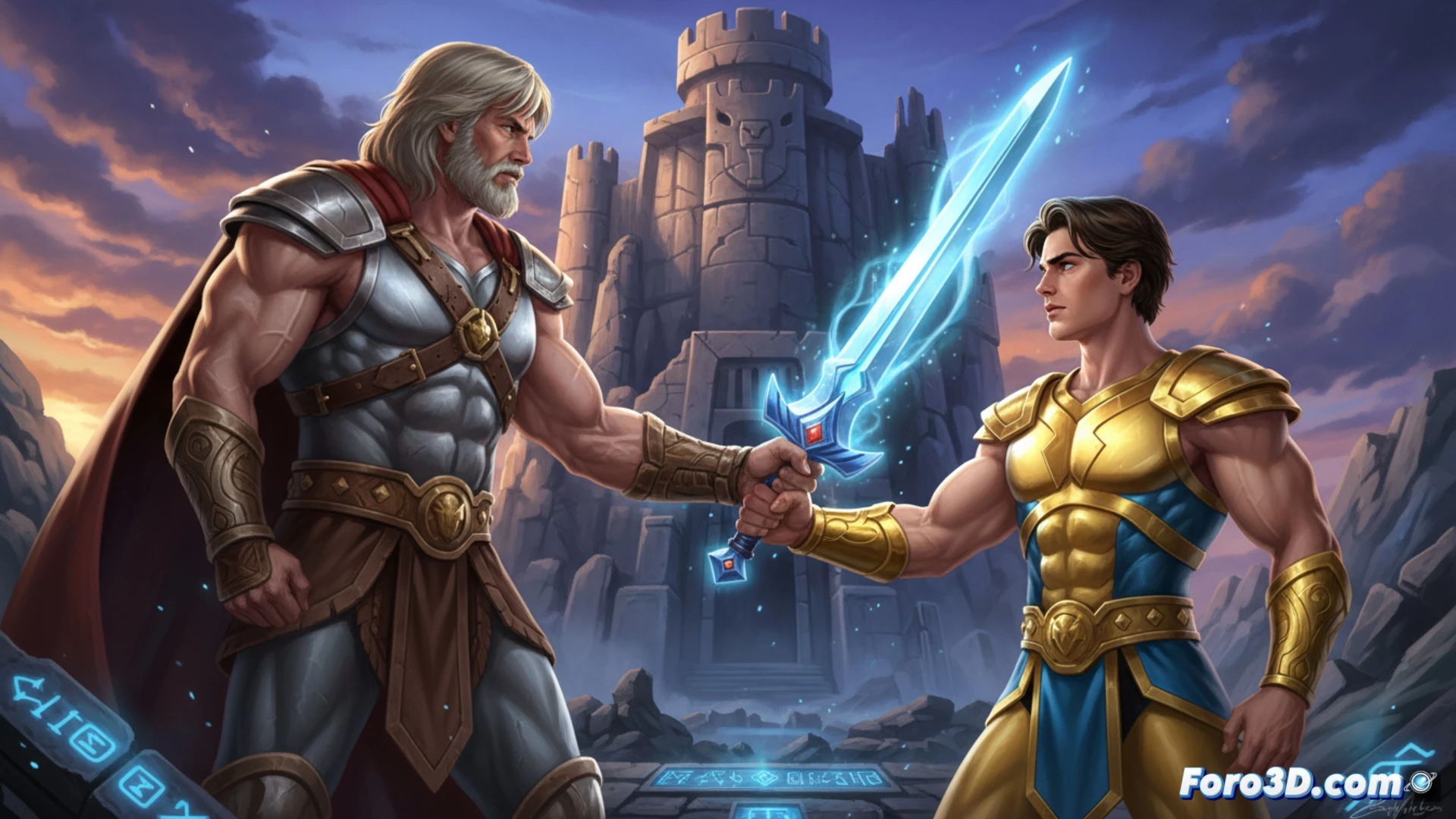 Cinematic scene of Dolph Lundgren in warrior armor passing a glowing power sword to Nicholas Galitzine in a futuristic stone corridor, both characters facing each other with determined expressions, metallic gauntlets gripping the sword hilt during the handover, mystical energy trails connecting their hands, dramatic side lighting casting long shadows, photorealistic fantasy illustration, ultra-detailed armor textures, cinematic depth of field, epic heroic composition, dark atmospheric background with ancient runes carved into walls