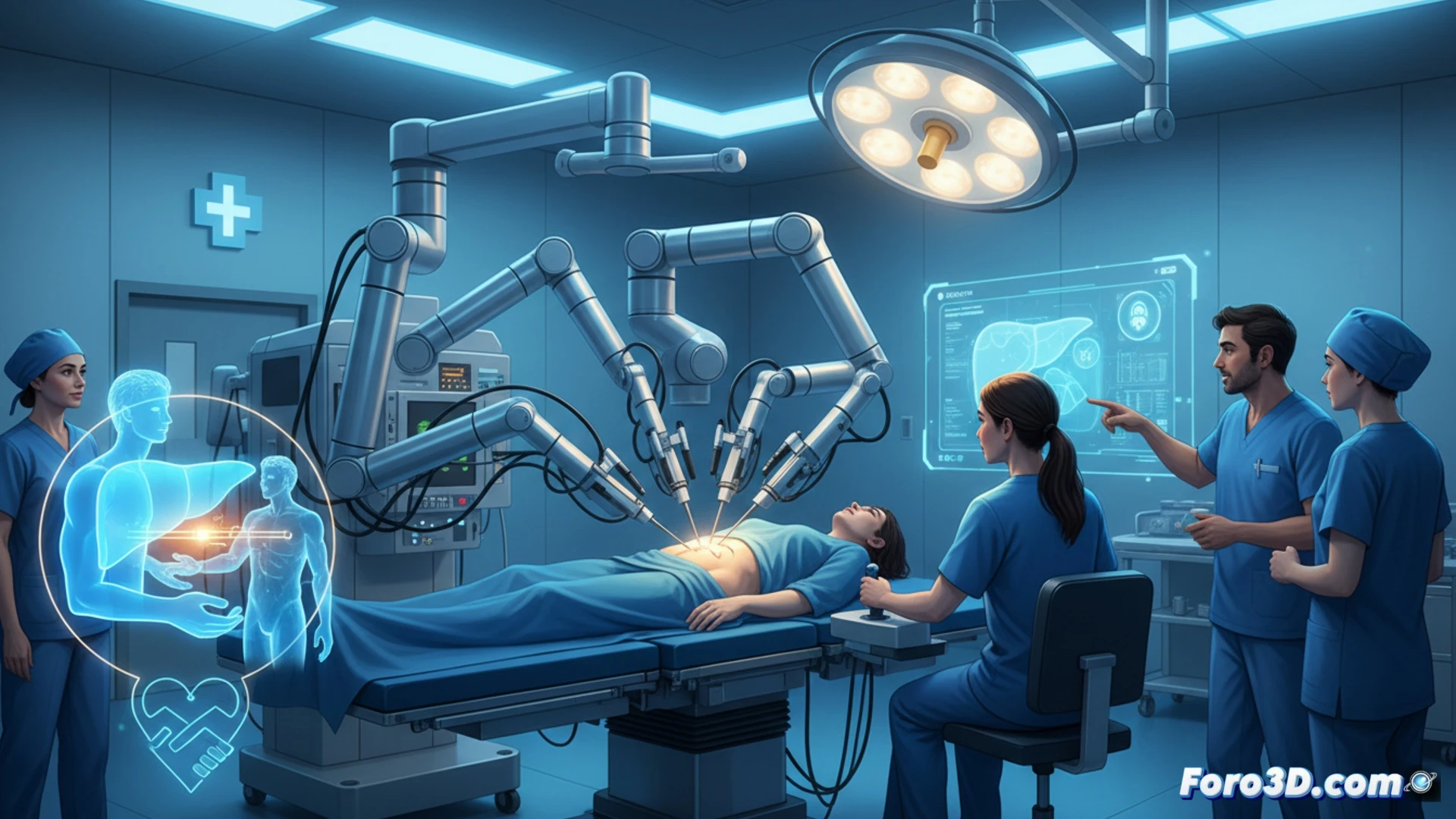 Cirugía robótica hepática, brazo robótico Da Vinci realizando incisión mínima en abdomen humano, monitor quirúrgico mostrando hígado seccionado en tiempo real, equipo médico observando pantalla con pinzas laparoscópicas iluminadas, donante consciente con pequeña herida lateral, cicatriz reducida visible, luz quirúrgica fría, tonos azules y verdes, textura de piel y tejido realista, cinematográfica, alta definición, photorealistic technical illustration, proceso de donación en acción