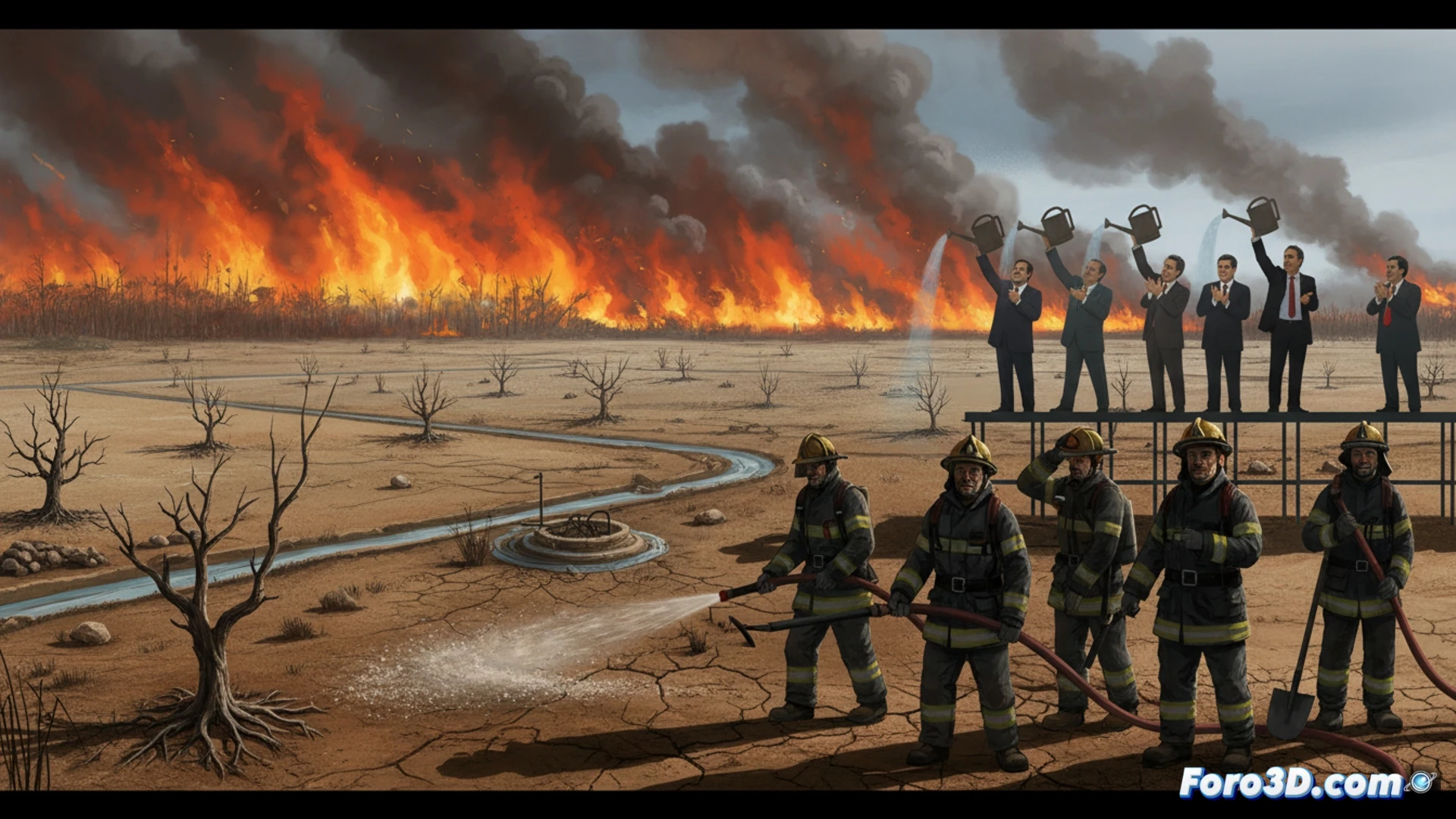 Aerial view of Doñana marshland wildfire, thick black smoke rising over parched cracked earth, illegal irrigation pipes snaking through dry brush, political figures in suits shaking hands in foreground while firefighter silhouettes struggle against flames in background, photorealistic cinematic visualization, dramatic orange and grey sky, heat distortion waves, contrast between untouched green wetland and burning brown terrain, water droplets evaporating mid-air from broken sprinklers, high-contrast lighting, ultra-detailed environmental destruction, technical documentary style