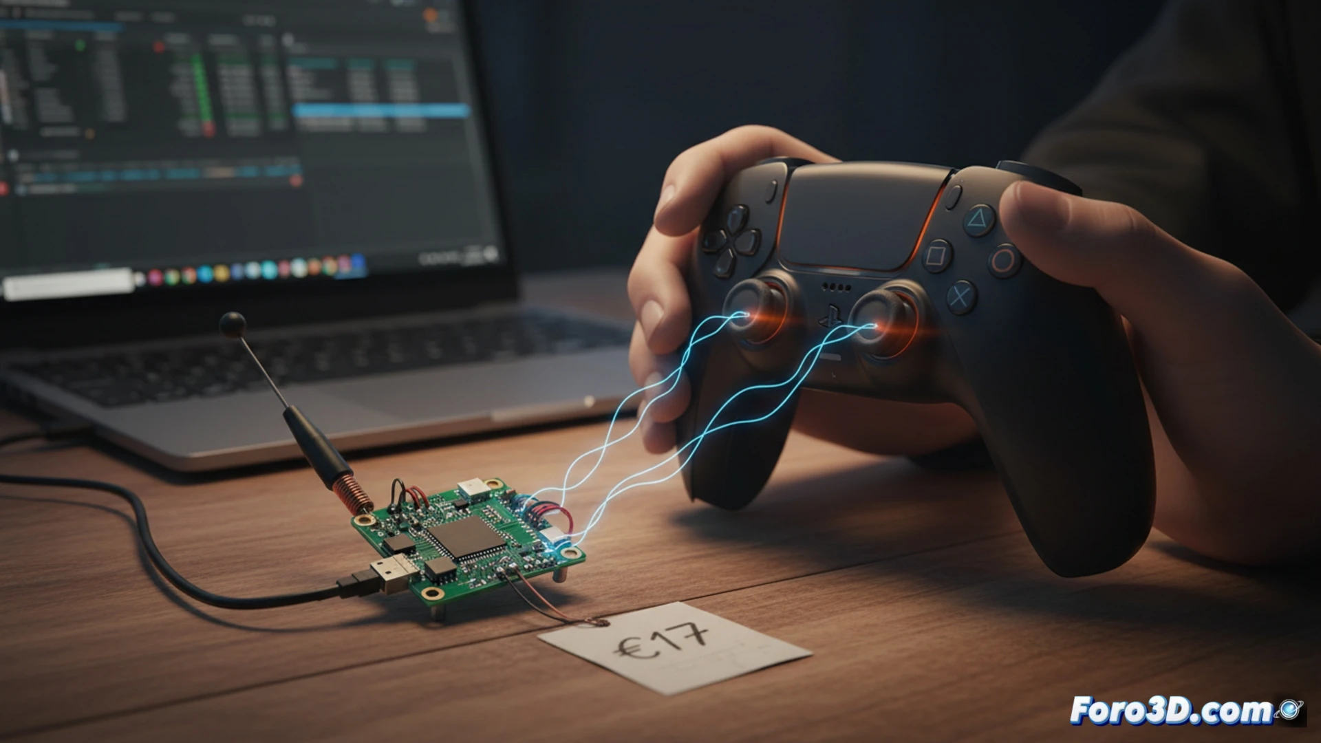 Un usuario sostiene un pequeño dongle USB casero conectado a un PC, junto a un mando DualSense de PS5. Sobre una mesa, cables sueltos y un destornillador indican la creación DIY.