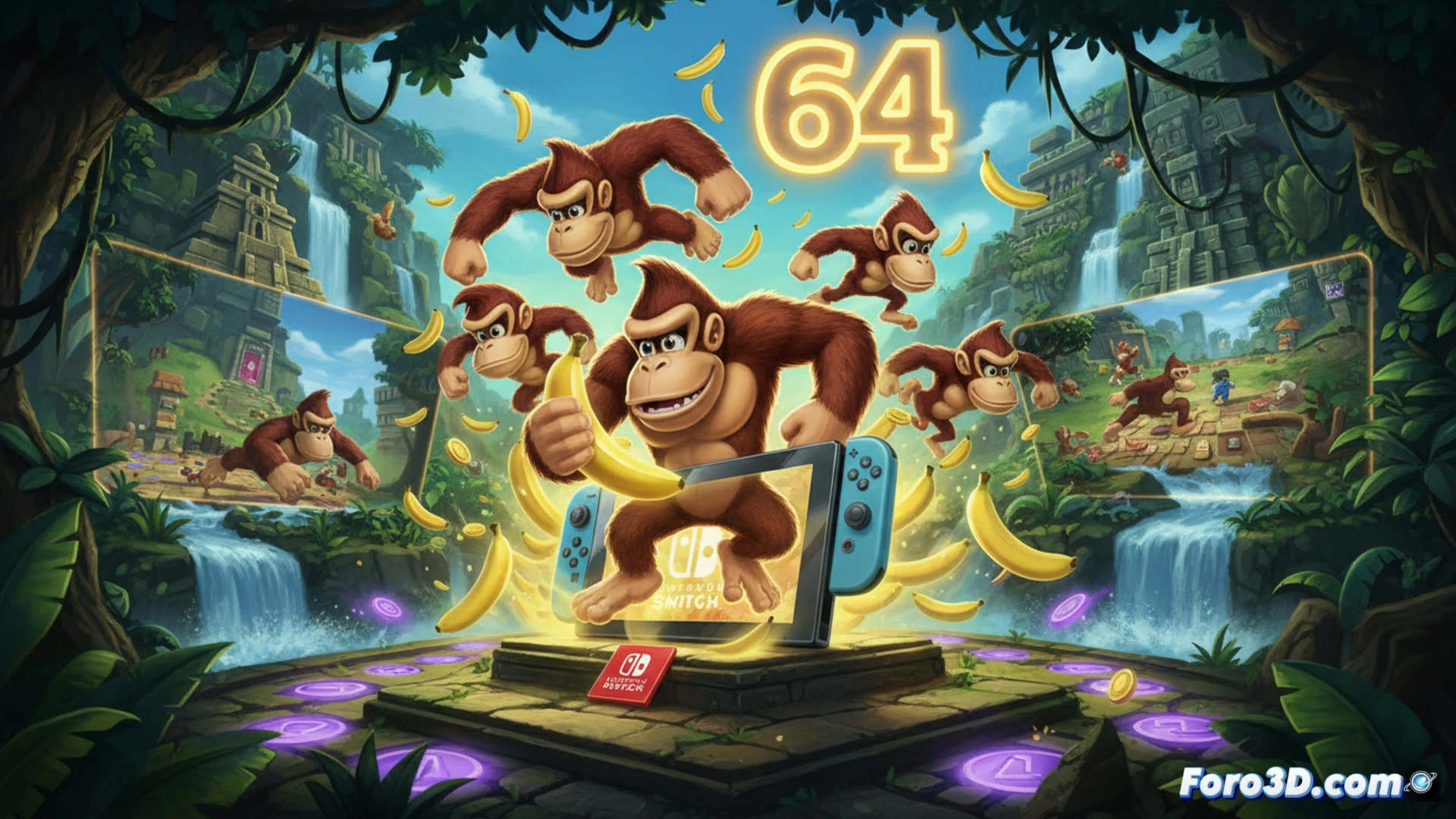 five distinct kong characters mid-jump over a tropical island level, golden bananas floating in mid-air, one kong swimming underwater while another climbs a vine, split-screen multiplayer showing four players on separate monitors, retro CRT monitor glow, N64 controller with expansion pak accessory connected, rareware logo subtle on game cartridge, cinematic technical illustration style, vibrant jungle colors, dynamic action poses, motion blur on swinging vines, realistic water refraction effects, photorealistic game scene render