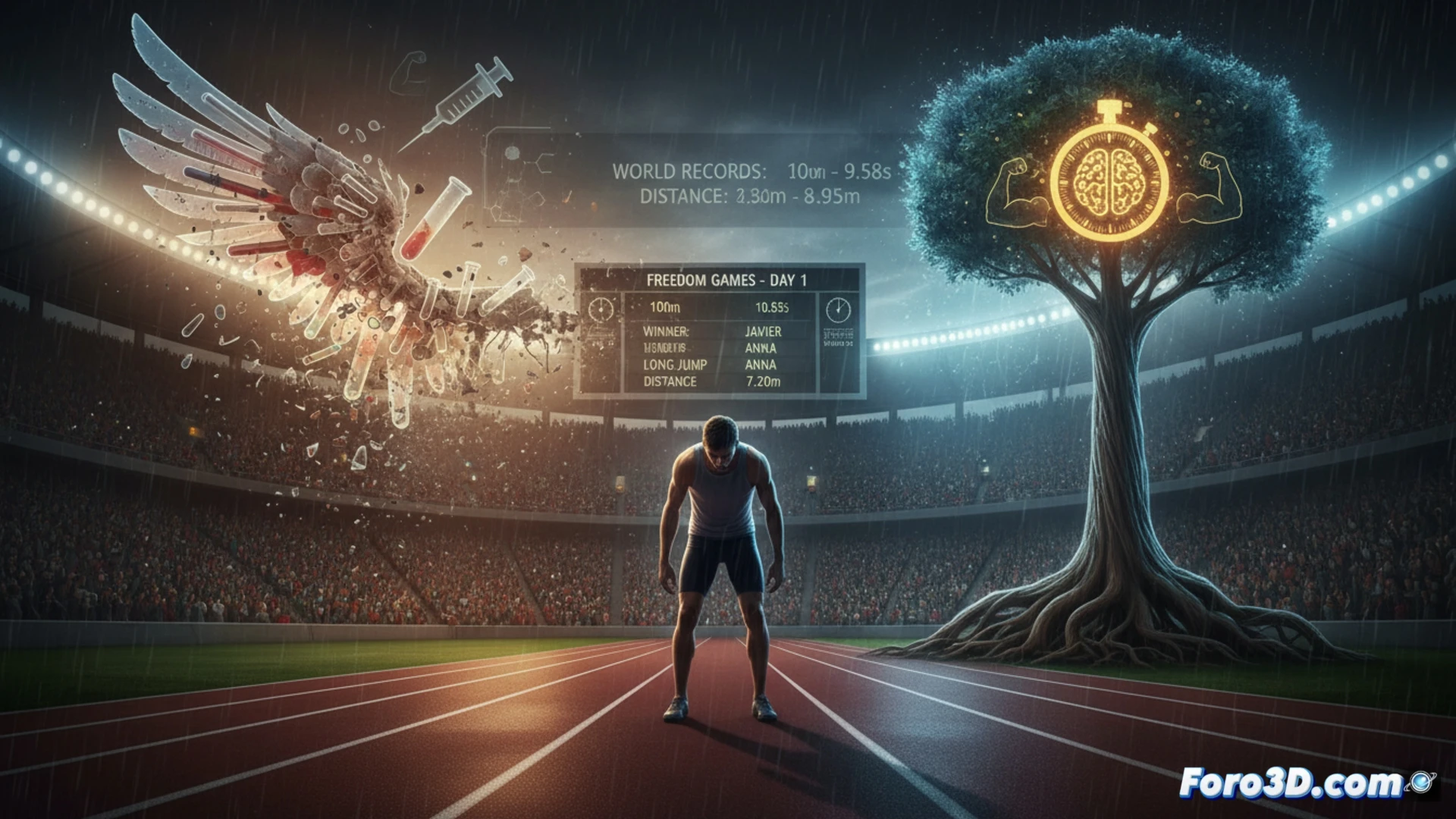 Athlete mid-sprint on a high-tech track, glowing performance data lines trailing behind, a transparent chemical vial shattering into dust beside a clean stopwatch showing a slower time, realistic biomechanical motion capture markers on legs, lab equipment with holographic molecular structures in background, cinematic photorealistic technical illustration, dramatic low-angle lighting, sweat droplets frozen mid-air, track surface texture visible, contrast between sterile lab tools and organic athletic power