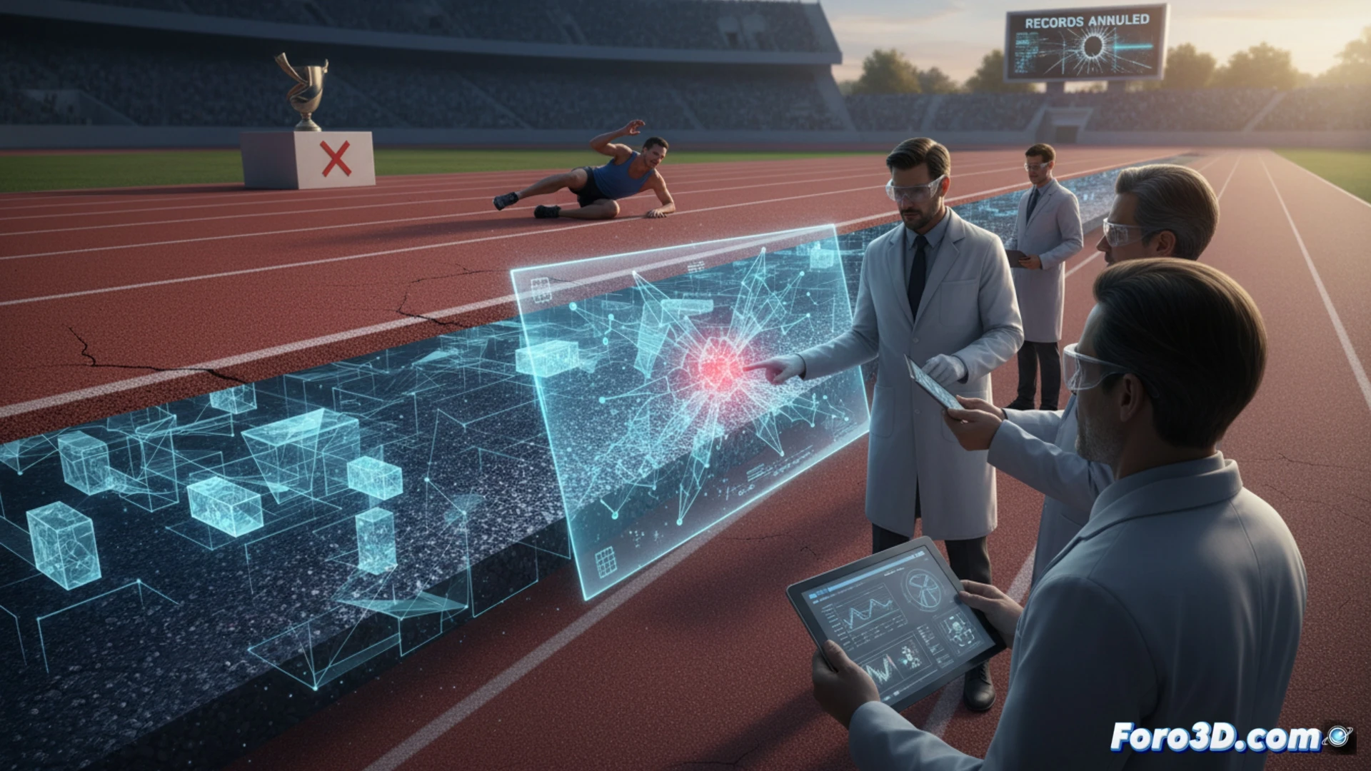 Atleta corriendo sobre pista con análisis 3D de superficie y gráficos de energía en primer plano
