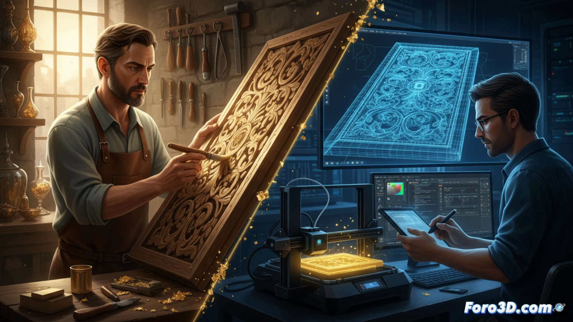 Descripción para la imagen:  
Artesano dorando un marco barroco con pan de oro junto a pantalla 3D mostrando modelo digital del relieve, con escáner y herramientas tradicionales.