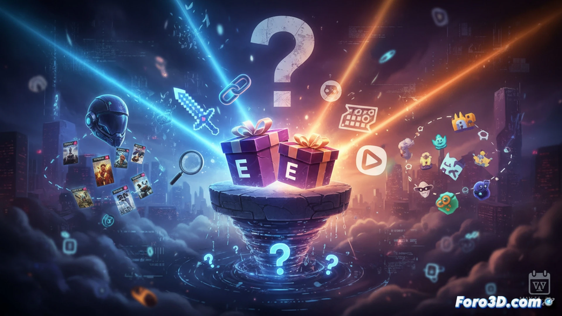 Una pantalla de Epic Games Store muestra dos cartas de juego ocultas bajo signos de interrogación, rodeadas de burbujas de debate y pistas visuales.