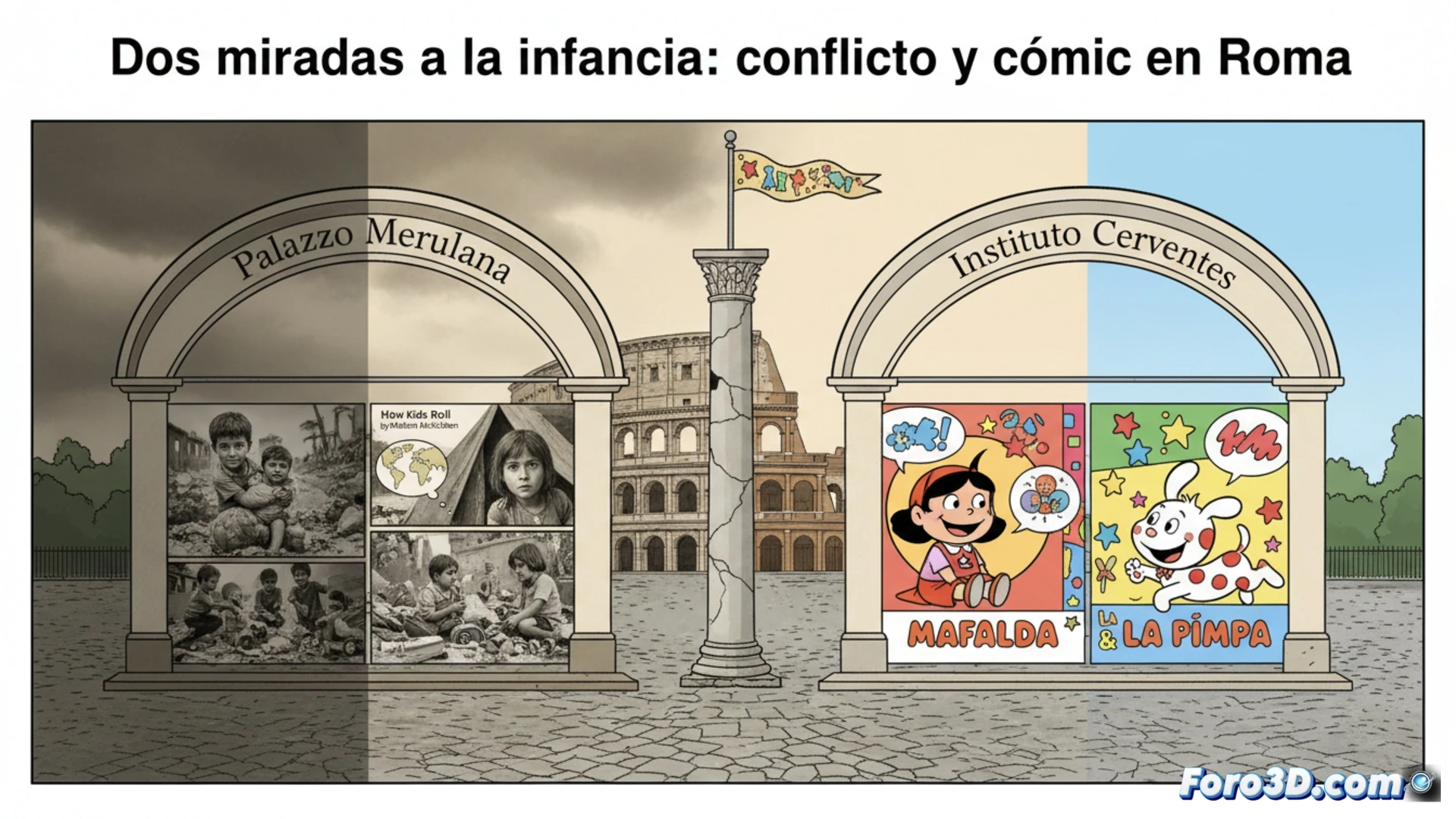Dos exposiciones en Roma: fotos de niños en Gaza y viñetas de Mafalda y La Pimpa, contrastando conflicto y humor.