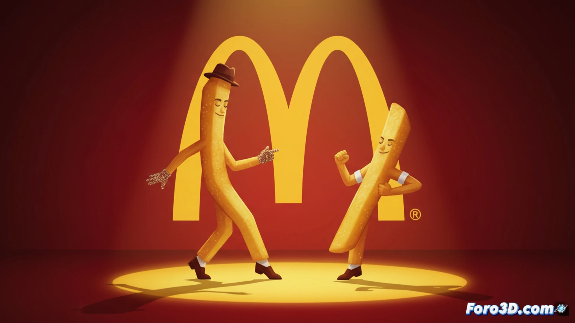 Dos patatas fritas doradas forman piernas dobladas en pose de baile, imitando a Michael Jackson sobre fondo rojo de McDonald's.