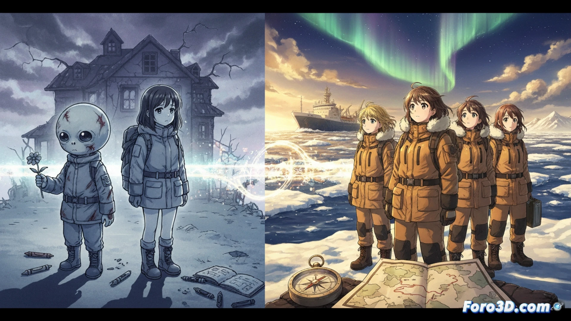 animated split-screen scene showing two contrasting emotional journeys, left side featuring a young girl with sad eyes standing in a dark room while a small alien-like figure reaches out a glowing hand toward her, right side showing four teenage girls in winter gear climbing a snowy Antarctic hill under a bright blue sky, one girl pointing at the horizon, another adjusting a portable GPS device, cinematic style, photorealistic digital illustration, soft dramatic lighting on left, crisp cold sunlight on right, emotional contrast between isolation and friendship, detailed facial expressions, subtle tears and smiles, no text or numbers, ultra-detailed anime-inspired realism