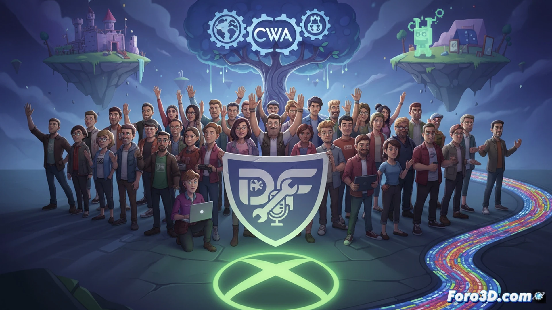 Empleados de Double Fine firman petición sindical, con logo de CWA y fondo de Psychonauts.