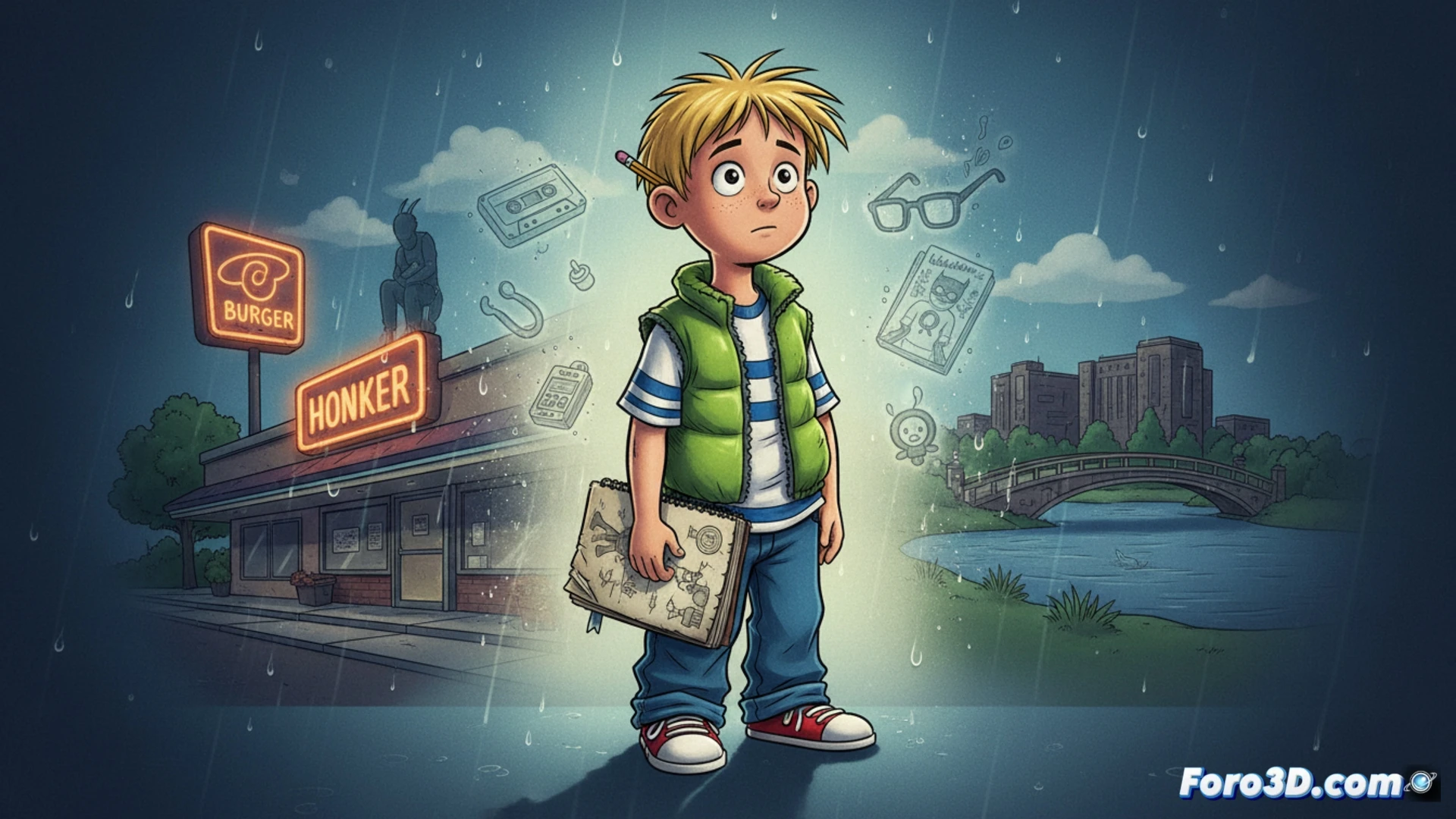 Un chico de chaqueta verde y libreta, con expresion timida, rodeado de dudas y nostalgia noventera.