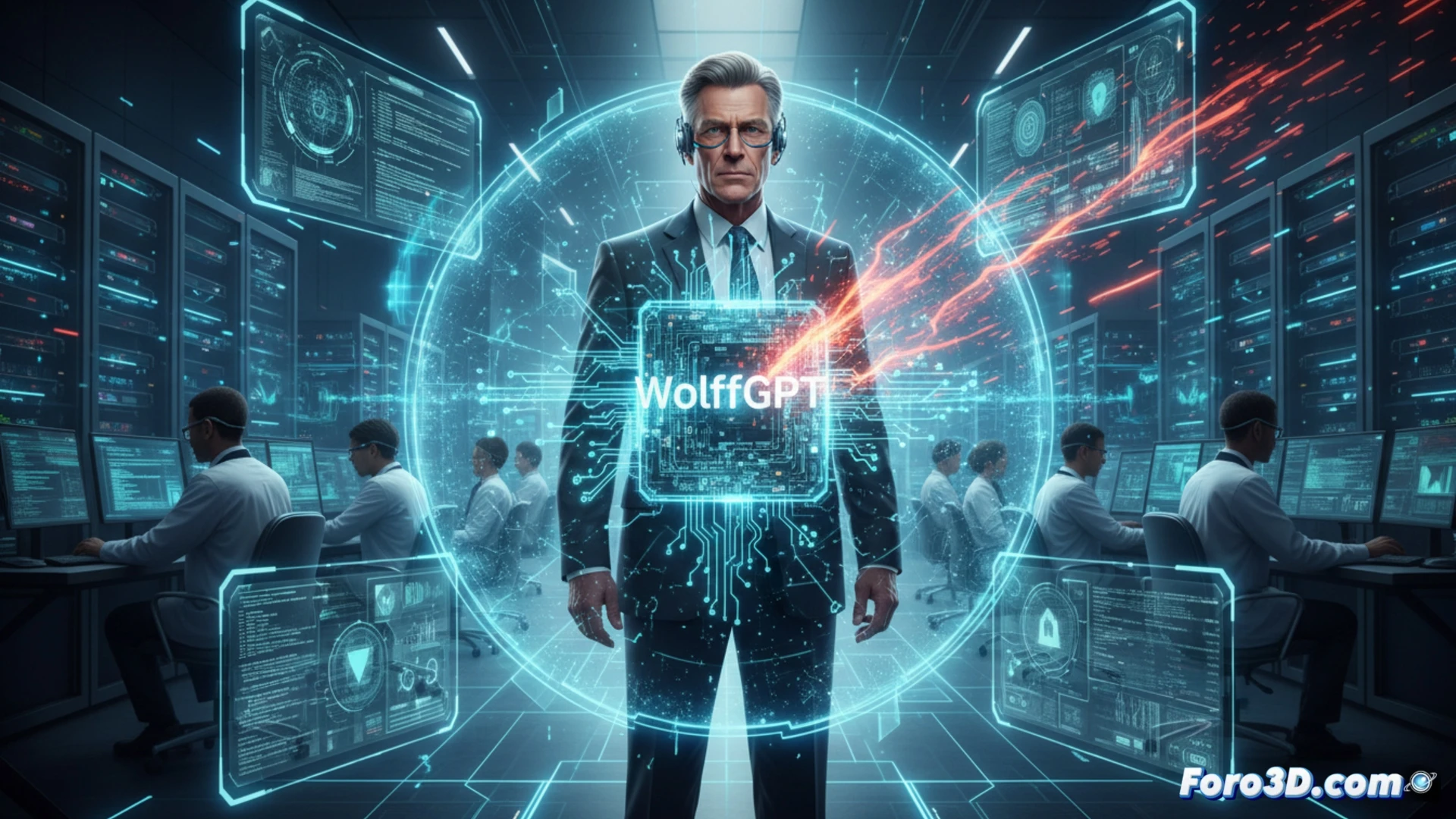 German industrial office interior, Dr. Wolff employee demonstrating WolffGPT interface on a large curved monitor, internal data flow visualized as glowing secure network lines connecting to a central AI processor, holographic presentation slides being auto-generated in mid-air, abstract lock icons embedded in data streams, technical engineering visualization style, blue and silver corporate color palette, clean modern workstation with keyboard and tablet, soft ambient backlighting from ceiling panels, photorealistic render, shallow depth of field focusing on screen and hologram, subtle motion blur on data lines indicating active processing.