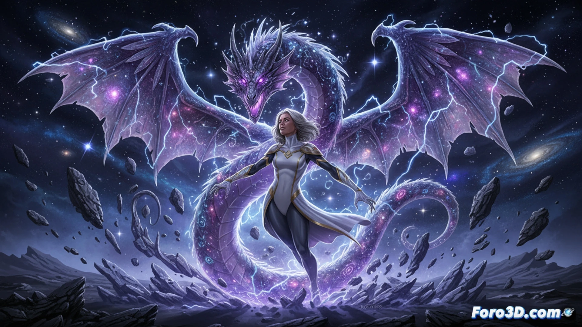 Heather Douglas, Dragón Lunar, emerge de un vórtice estelar como un dragón cósmico alado, con escamas brillantes y ojos psíquicos llameantes, rodeada de energía violeta y galaxias.
