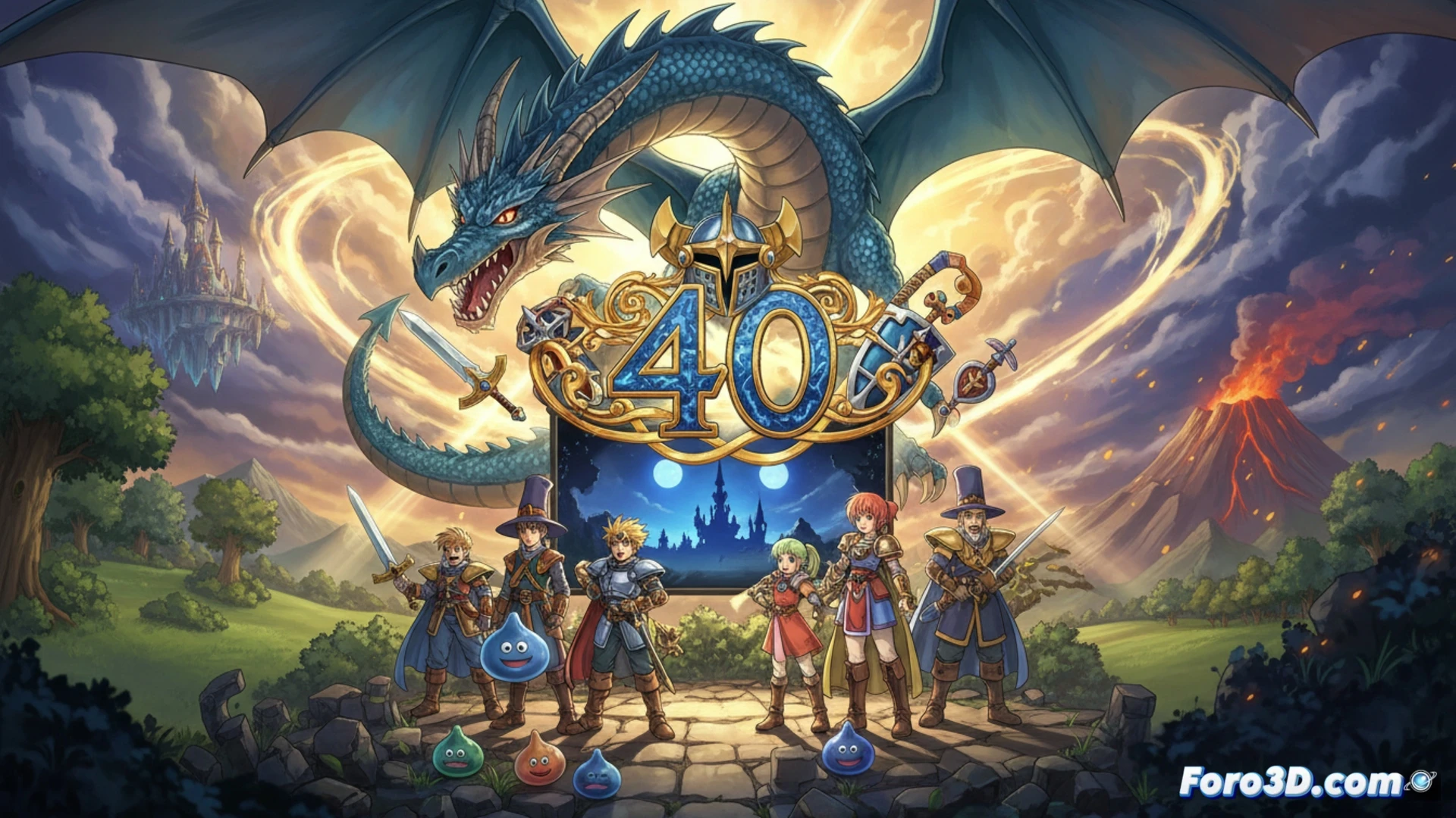 Ilustración del 40 aniversario de Dragon Quest: Yuji Horii sonríe junto al logo de la serie, con un globo terráqueo y fechas clave; al fondo, un cartel anuncia '27 de mayo' y la silueta del próximo juego.