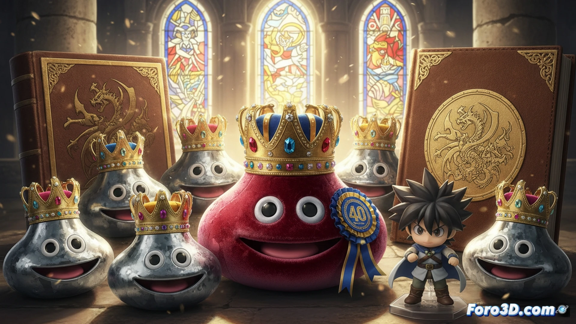 A giant blue slime plush toy being crowned with a golden tiara by robotic assembly arms, while a commemorative rosette is pinned to its side during a luxury collectible production line, glossy slime texture reflecting bright studio lights, small Nendoroid figures of a hero with a sword being packaged nearby, open art book showing Akira Toriyama dragon illustrations, technical engineering visualization, photorealistic render, metallic conveyor belt details, dramatic museum-style lighting, ultra-detailed fabric stitching and golden embroidery, cinematic product showcase