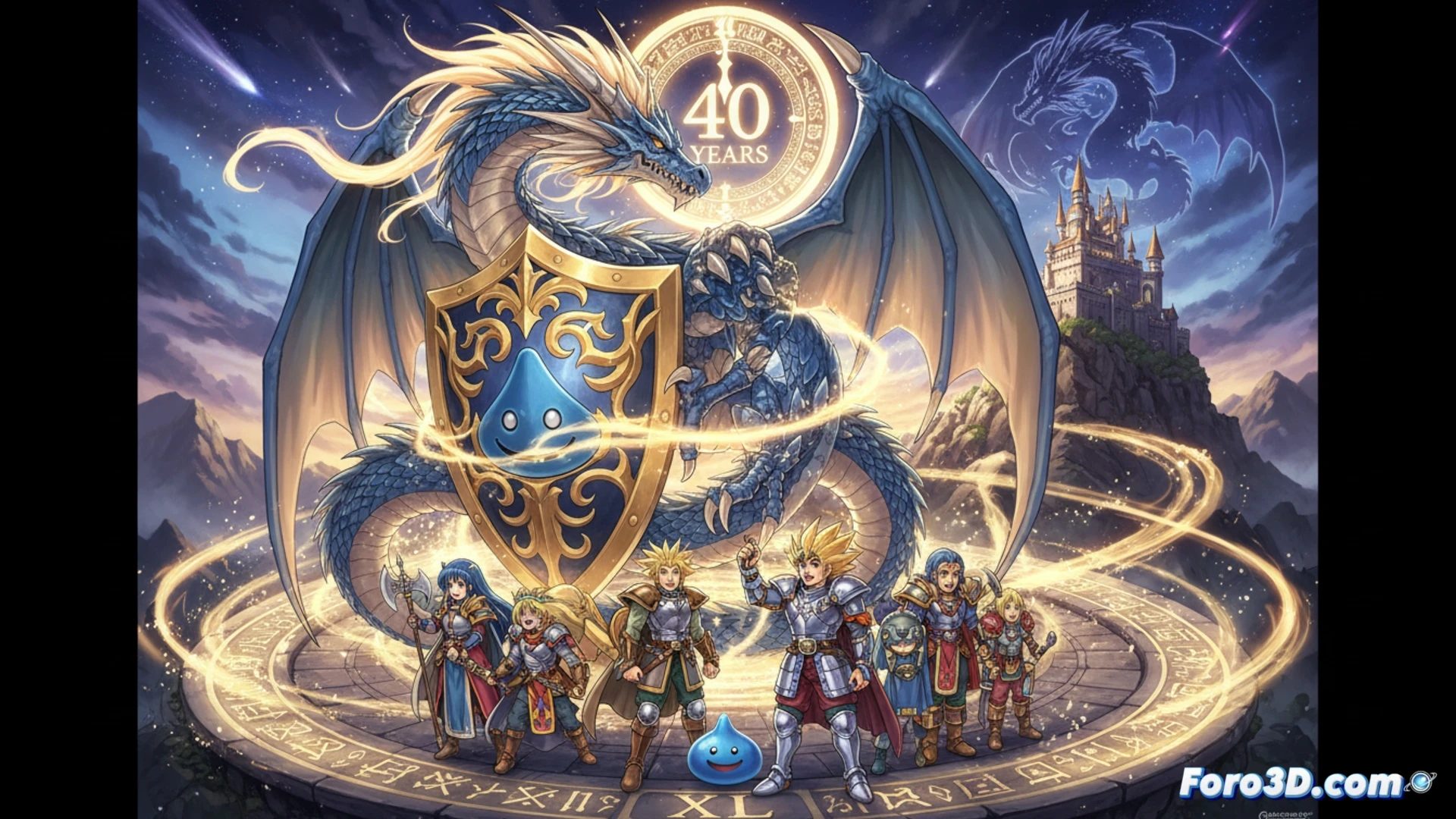 Una imagen vibrante con el logo de Dragon Quest, el número 40 en brillo dorado, y Yuji Horii sonriente junto a una pantalla que anuncia el directo del 27 de mayo, con un dragón azul de fondo.