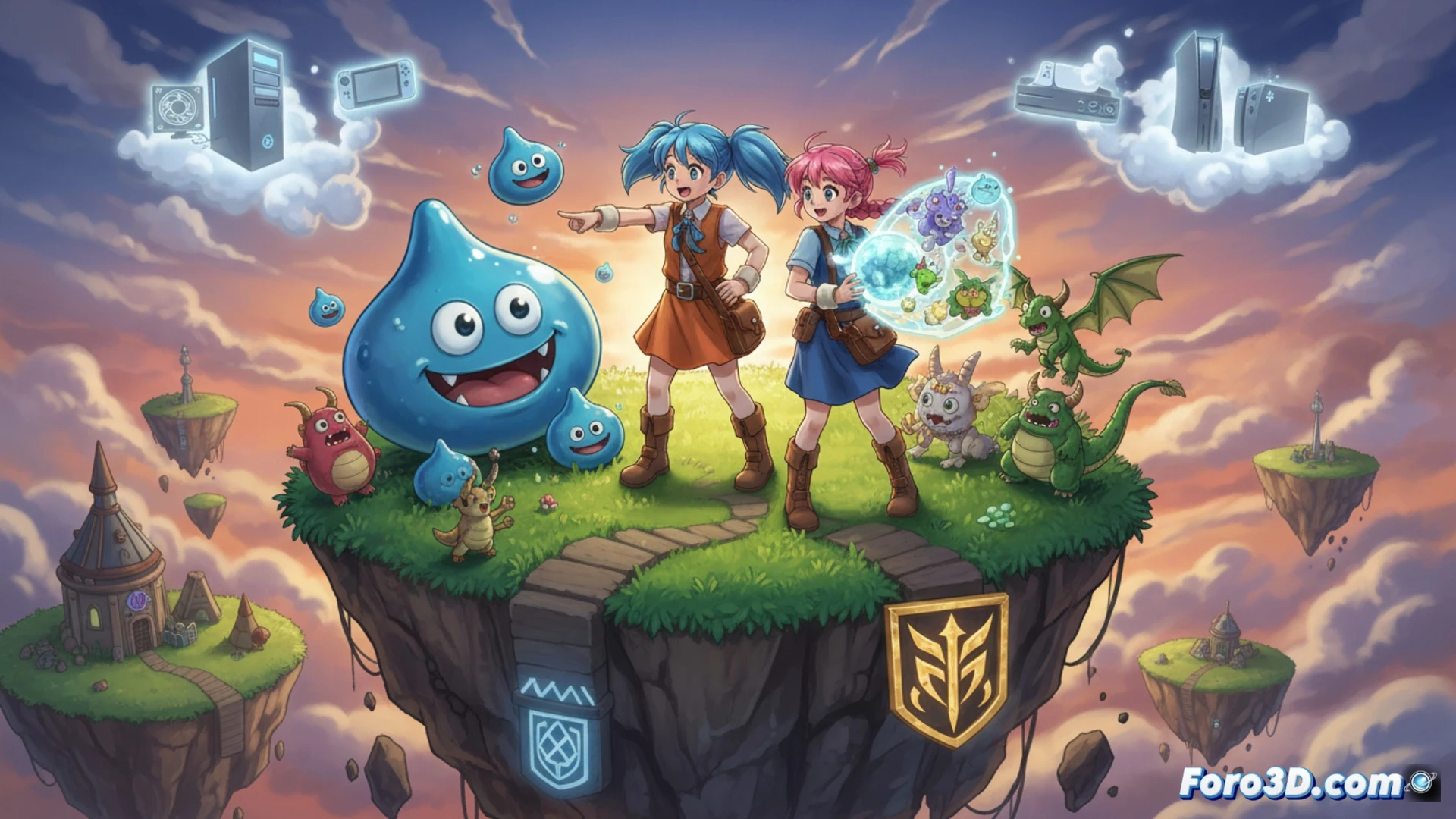 Two young girls standing in a futuristic monster breeding laboratory, holographic creature egg floating between them while a digital interface displays genetic data and evolution paths, glowing blue energy streams connecting to a Nintendo Switch console embedded in the workstation, monster silhouettes appearing on multiple screens showing PC, PS5, Xbox Series, and Switch 2 logos, cinematic technical illustration style, neon lighting from holograms casting reflections on polished metallic surfaces, ultra-detailed creature anatomy diagrams floating in augmented reality, photorealistic engineering visualization, dynamic action of egg cracking revealing a small dragon, dramatic studio lighting with cyan and violet tones, high contrast shadows, 8K render quality