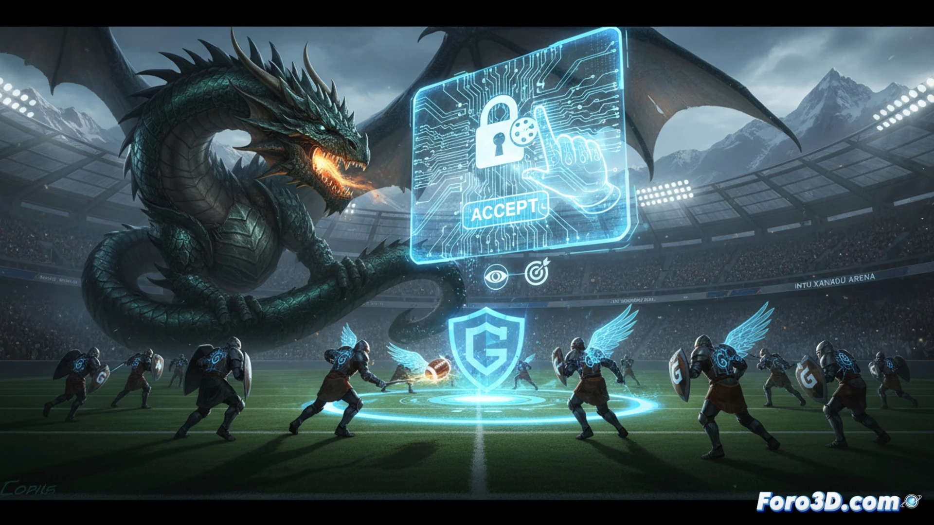 interactive football simulation inside a shopping mall, glowing digital dragon projected on a large LED screen behind a goal, player kicking a ball with motion-tracked sensors visible on the floor, real-time data streams floating as holographic charts showing audience metrics and cookie consent pop-ups, cinematic engineering visualization, neon blue and red lighting, futuristic arcade environment, glass walls reflecting code snippets, dramatic shadows, photorealistic technical render