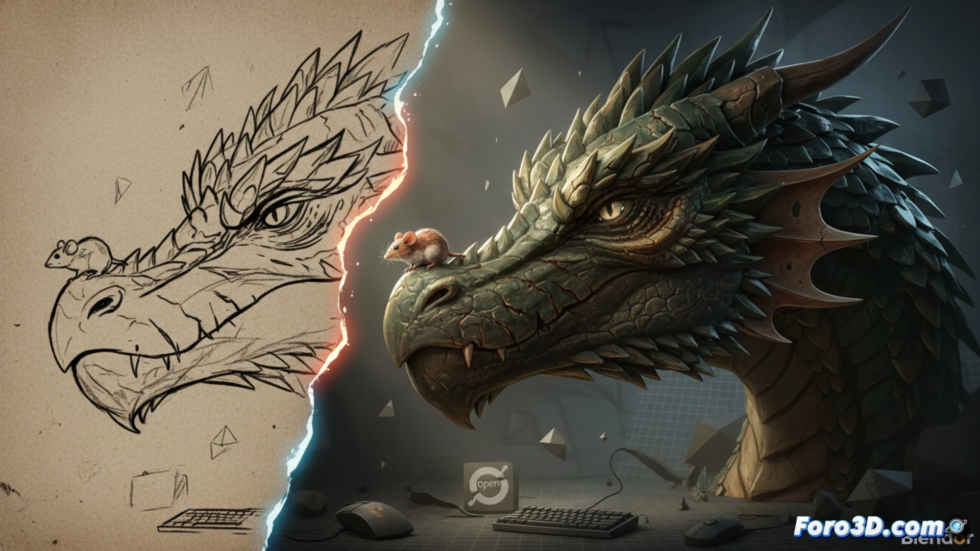 digital artist workspace showing flat 2D dragon and mouse illustration transforming into 3D Blender scene, mouse character stepping off paper while dragon wings unfold gaining volume, Blender interface visible on monitor with wireframe mesh and shader nodes, basic PC tower and open-source logo badge on desk, dramatic cinematic lighting casting shadows across textured scales and fur, photorealistic technical render demonstrating depth and material transitions, action of creation process mid-step