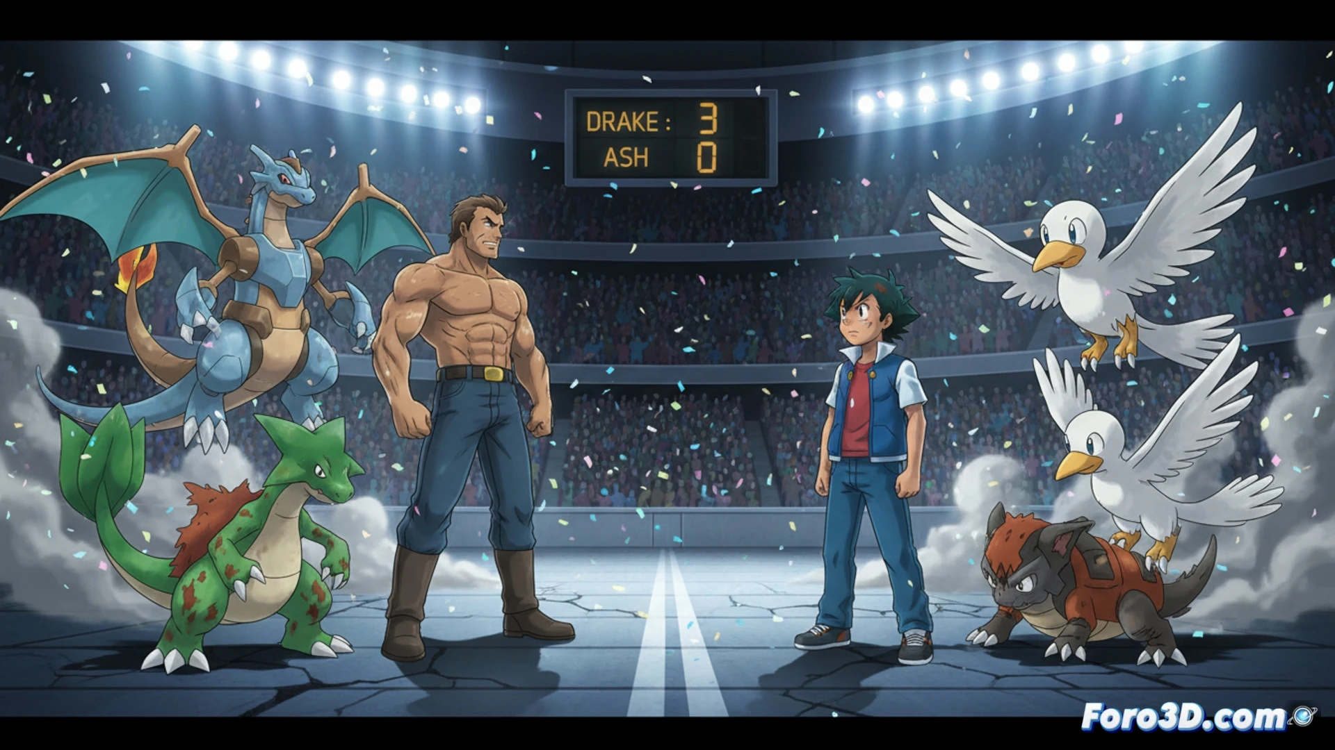 Drake observa a Ash tras vencerlo, con sus cinco Pokémon intactos, mientras Pikachu yacía derrotado en el suelo del estadio Hoenn.