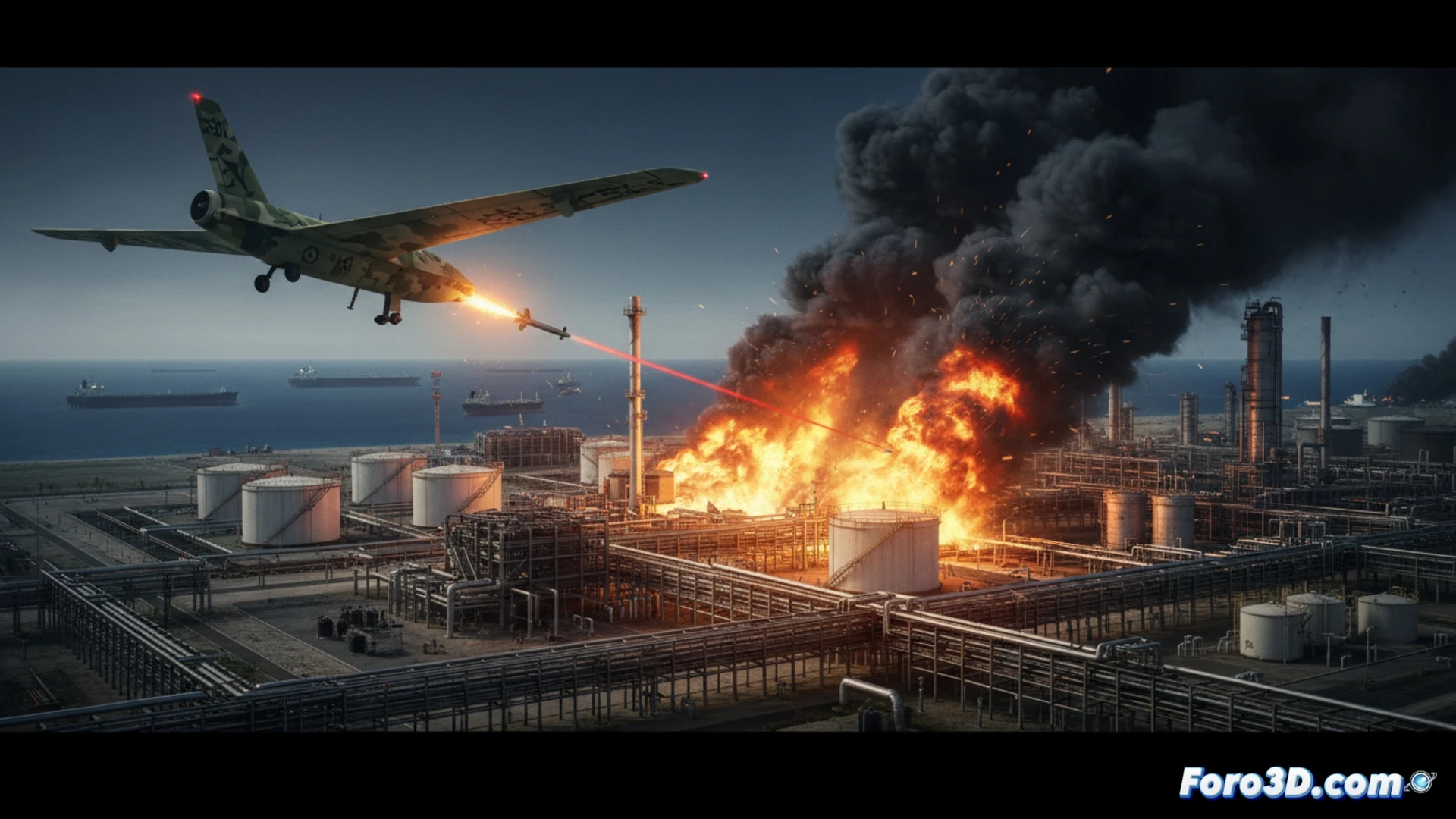DESCRIPCIÓN: Un dron iraní vuela sobre unas instalaciones petroleras en llamas en Fuyaira, EAU, bajo un cielo nocturno de humo y fuego.
