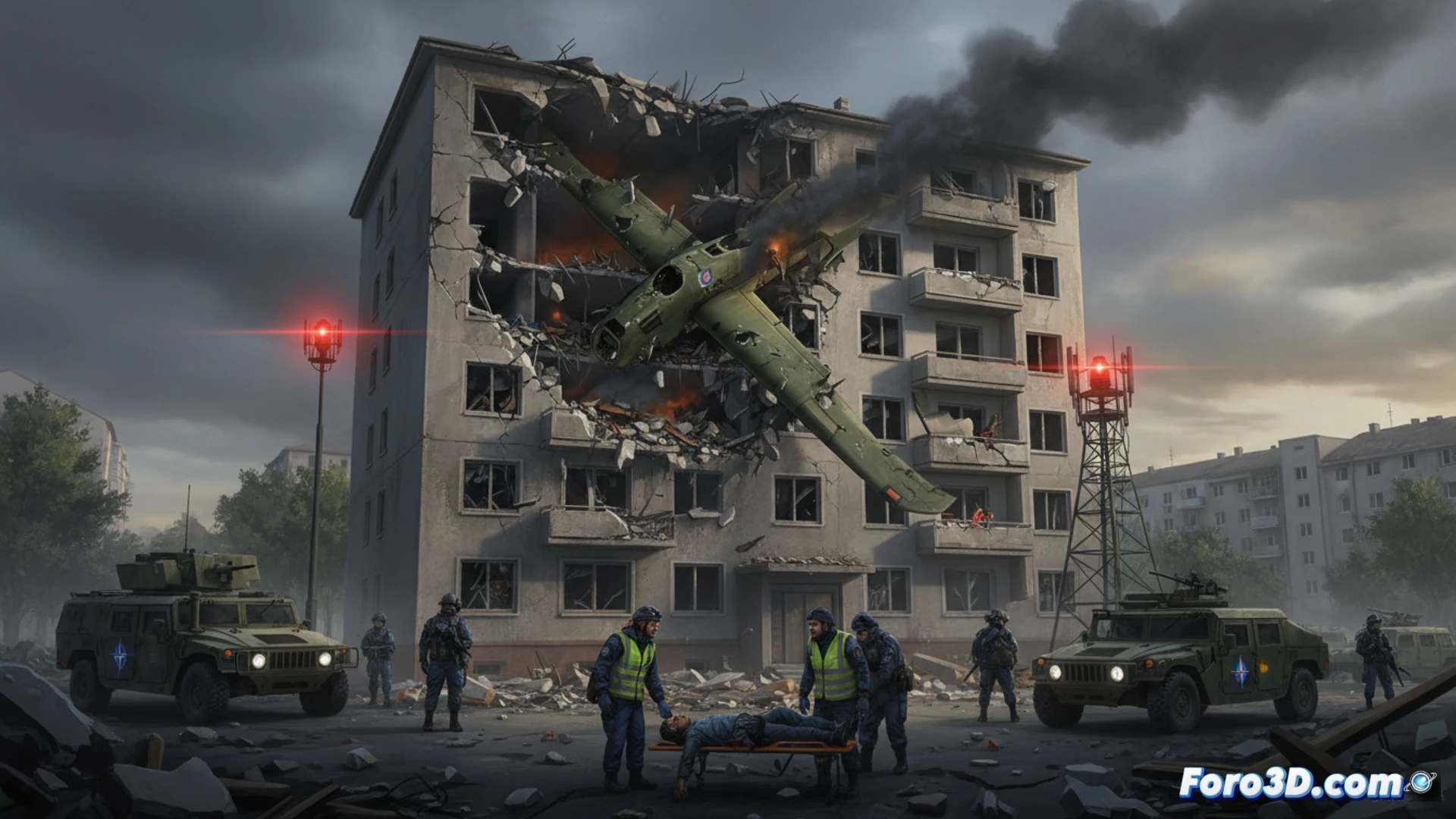 Drone strike aftermath on a residential building facade in Romania, broken concrete and shattered windows visible, two civilian figures being assisted by emergency responders on the sidewalk, smoke rising from impact crater, NATO insignia patch on a responder vest, shattered glass fragments scattered on ground, damaged air conditioning unit hanging from wall, dust particles suspended in air, cinematic photorealistic visualization, dramatic golden hour light casting long shadows, ultra-detailed textures of brick and metal, realistic debris field, orange warning tape in foreground, technical report aesthetic with precise architectural damage documentation, high-contrast industrial lighting, 8K quality render