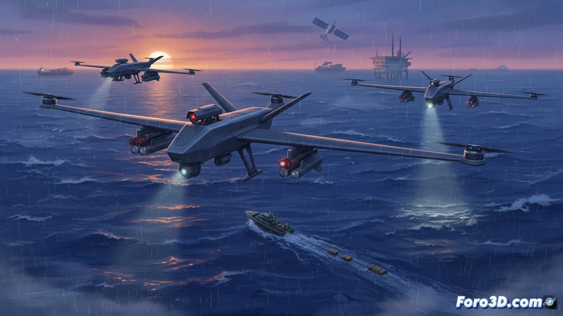 Cinematic aerial view of a black armed drone flying over a dark ocean at night, scanning a cargo ship with a bright infrared spotlight, real-time tracking data projected as glowing holographic overlays on the drone cockpit interface, AI target identification system active, missile pod mounted underwing, maritime patrol vessel visible on horizon, motion blur from rotor blades, stormy sky, high-contrast lighting, photorealistic military tech illustration, dramatic surveillance action scene.
