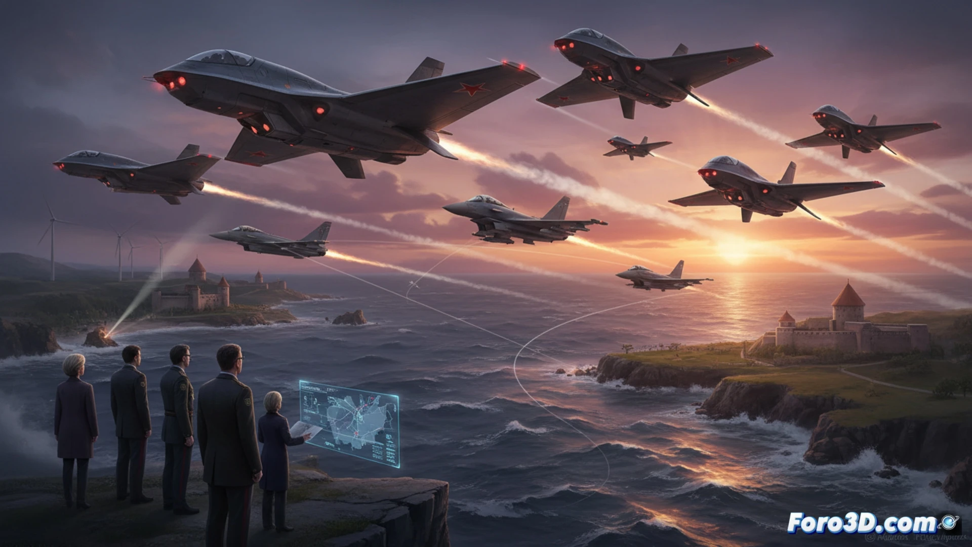 Three military surveillance drones crossing a Baltic coastline at dusk, one drone emitting electronic jamming signals visible as pulsing blue arcs, another drone flying low over a radar station while a third drone hovers near a civilian airliner silhouette, NATO radar screens showing live tracking data with red threat markers, Baltic Sea waves below, cinematic photorealistic engineering visualization, dramatic cloudy sky, metallic grey drones with red star markings, antenna arrays rotating on ground, ultra-detailed mechanical components, tense geopolitical atmosphere, edge-of-darkness lighting, technical illustration style