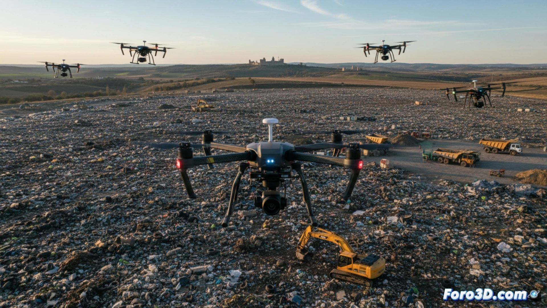 dron quadricóptero sobrevolando un vertedero industrial al atardecer, cámara multiespectral apuntando hacia un montón de residuos ilegales humeantes, software de geolocalización mostrando coordenadas en una tableta sostenida por un técnico, drones adicionales en formación durante el patrullaje aéreo, sensores de gas detectando partículas contaminantes, fondo de colinas verdes contrastando con basura dispersa, estilo cinematográfico fotorrealista, iluminación dorada del sol poniente, texturas detalladas de plásticos y metales oxidados, hélices en movimiento con estela de aire visible