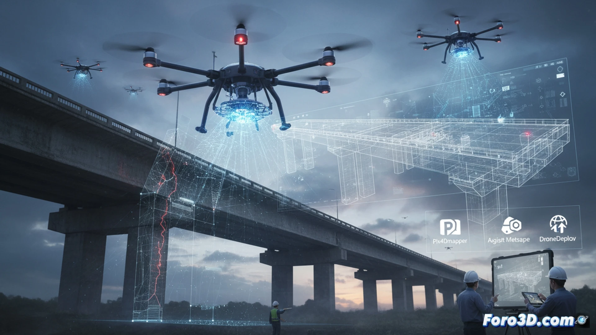 Un dron sobrevuela un puente metálico mientras un software 3D proyecta su modelo digital, revelando grietas y medidas precisas en tiempo real.