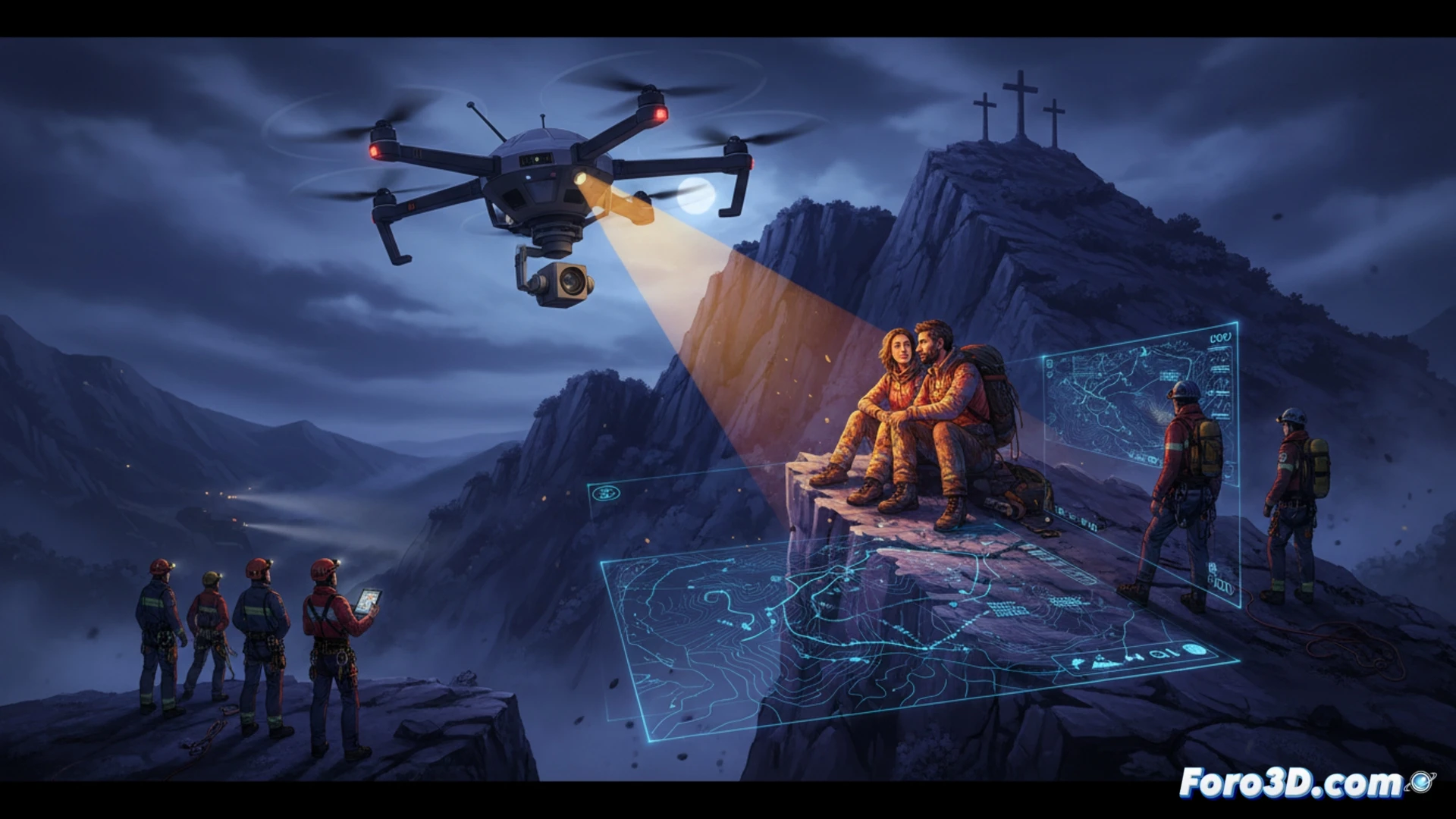 Dron con luz nocturna sobre montaña rocosa, equipo de rescate iluminando desde abajo, operación nocturna en Les Tres Creus