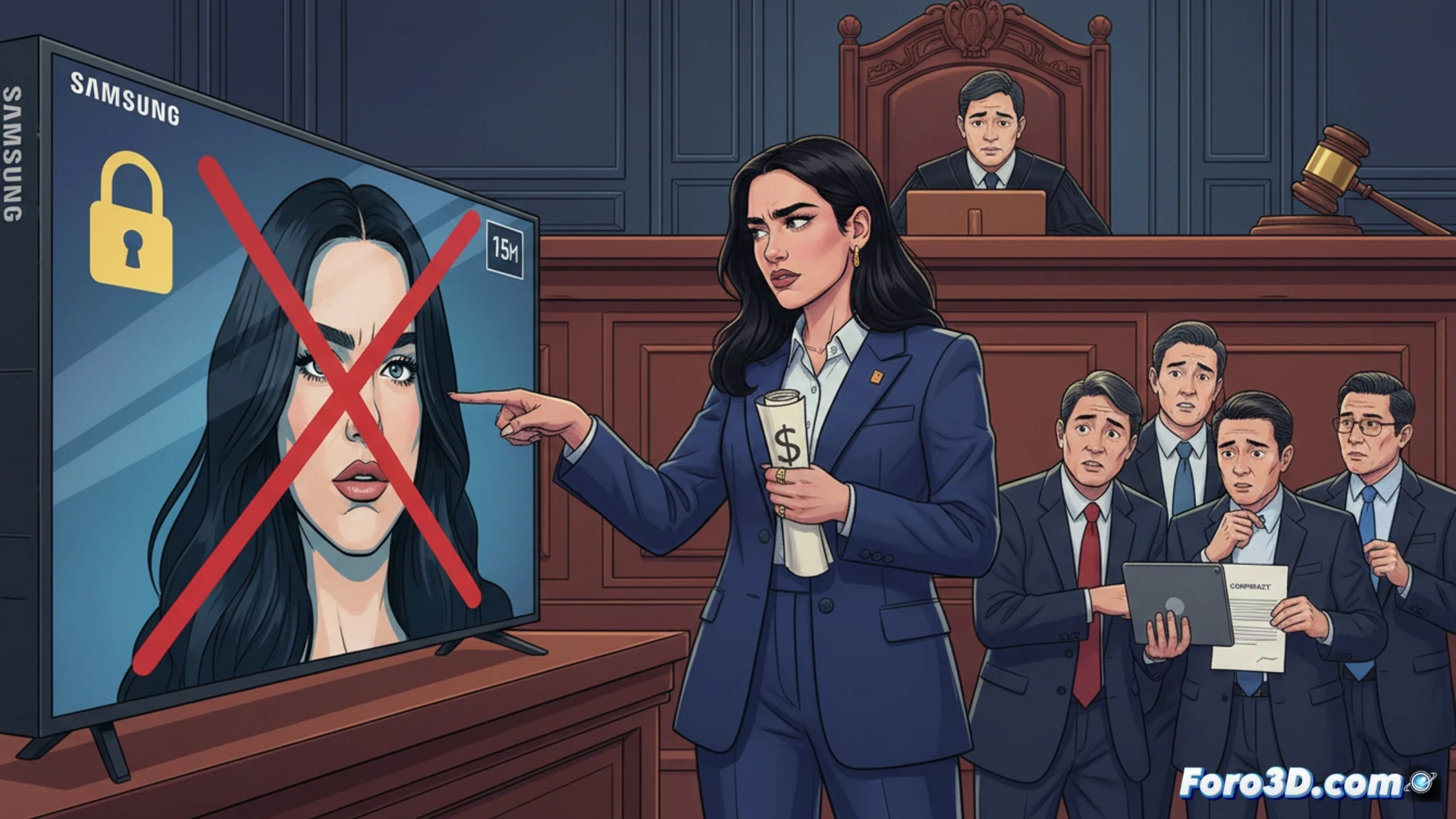 Photorealistic courtroom scene showing a Samsung smart TV box on a table, Dua Lipa’s face on the packaging glowing under harsh LED light, a lawyer holding a contract with Samsung logo, a judge’s gavel mid-strike, scattered legal documents and a smartphone displaying a copyright warning, cinematic lighting, dramatic shadows, ultra-detailed textures of cardboard and paper, technical illustration style, tense atmosphere, clear visual conflict between celebrity image and corporate branding