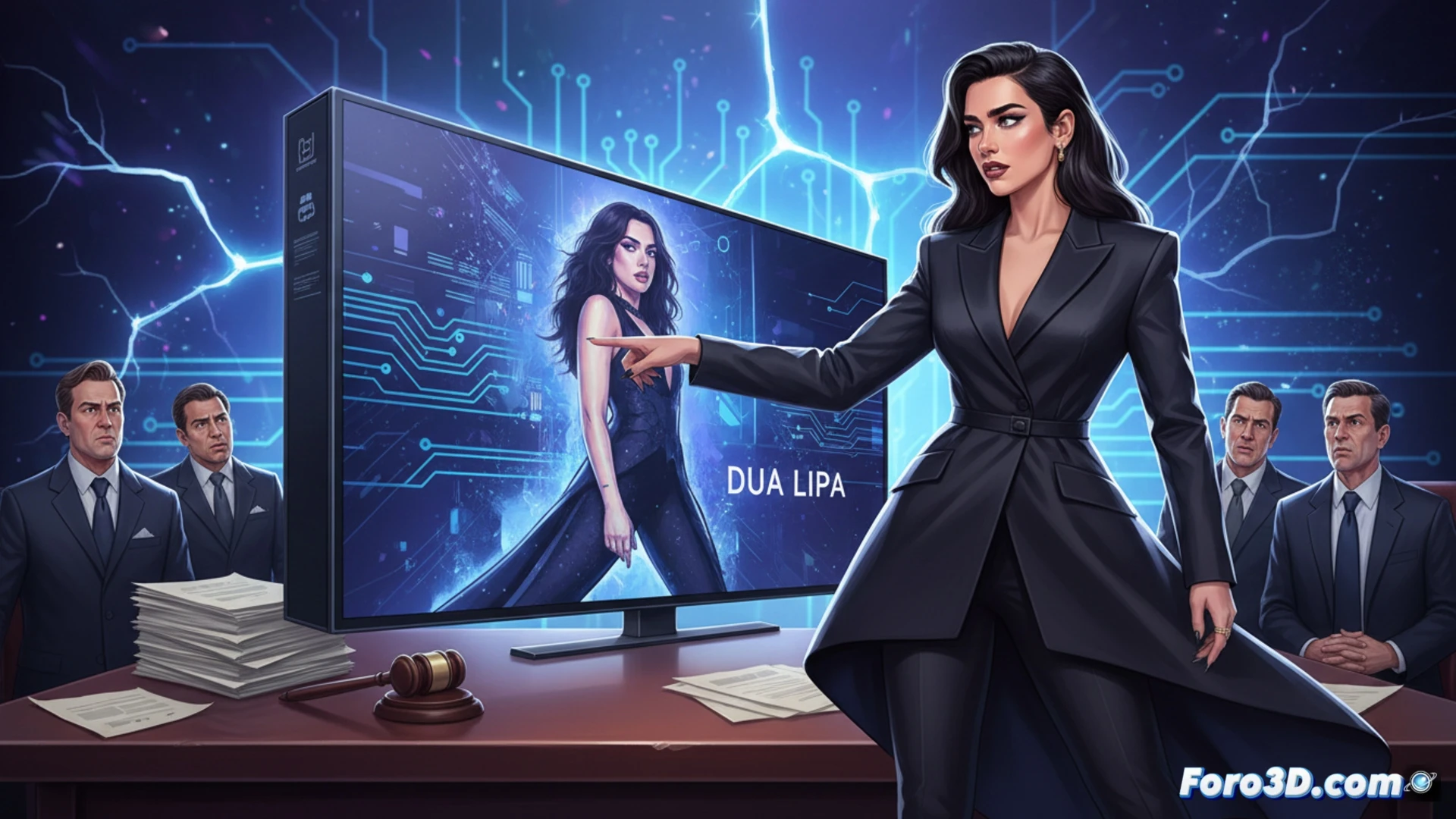 Una imagen de Dua Lipa seria, con un documento legal en mano, frente a una pila de cajas de televisores Samsung con su foto.