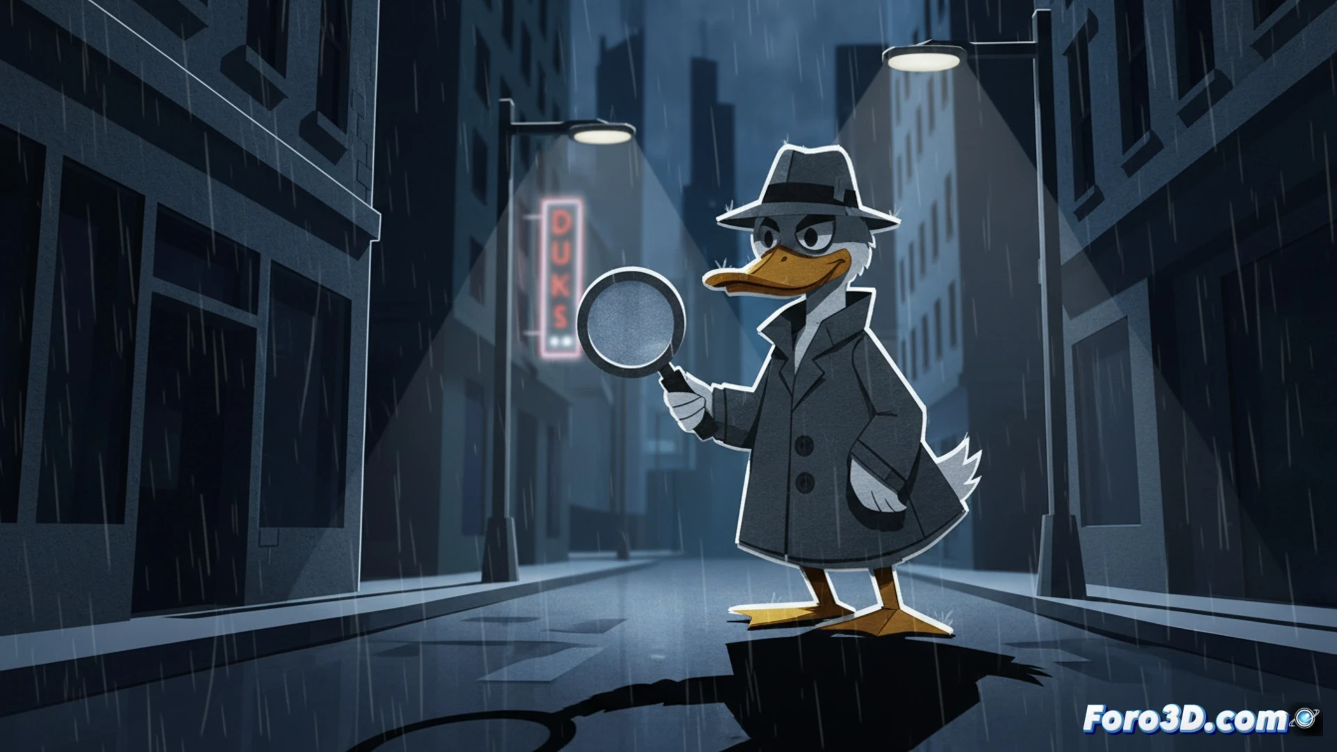 Duck Detective personaje 2D recortable en escenario 3D con sombras de cine negro