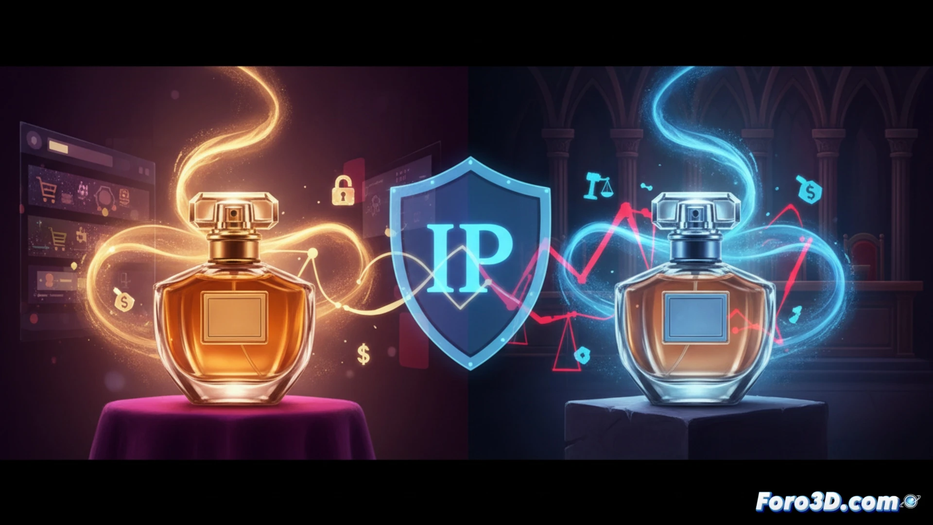 Frascos de perfume lujo y dupe genérico sobre fondo de leyes y patentes digitales