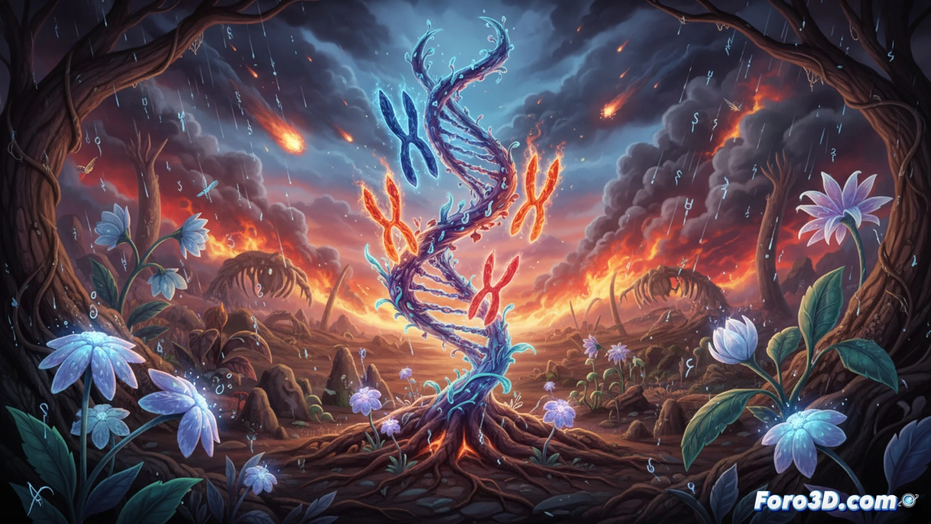Ilustración de una planta bifurcada con dos núcleos celulares y cromosomas duplicados, resistiendo un paisaje apocalíptico de fuego y hielo.