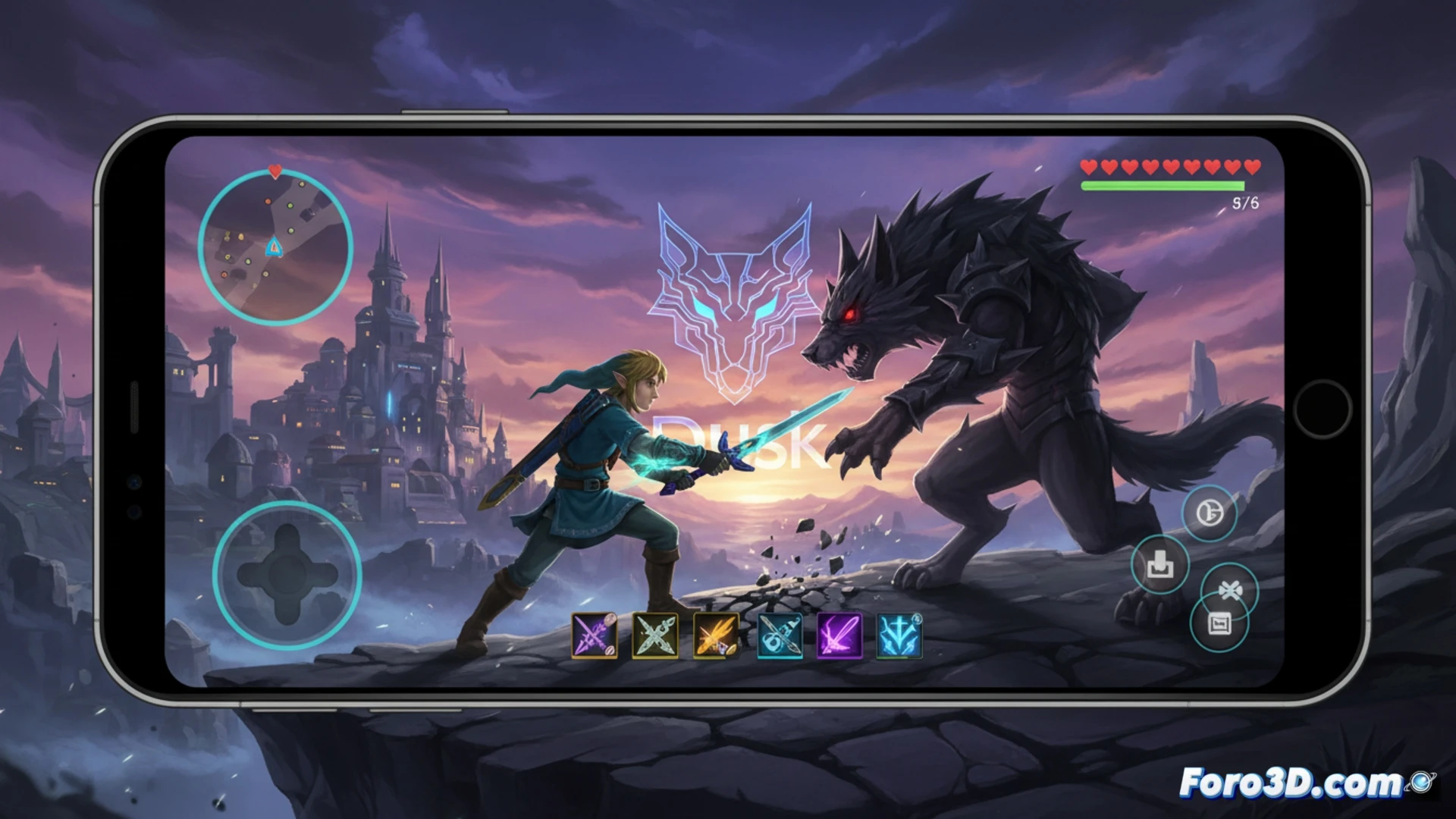 Un monitor de PC y un móvil muestran el juego Dusk, con Link en alta resolución, sin límite de fps y apuntado giroscópico.