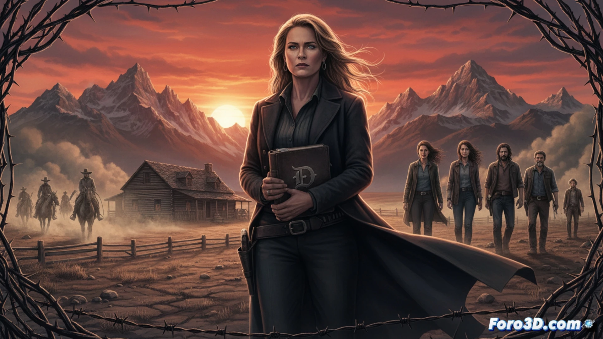Una imagen del rancho al atardecer, con Beth Dutton de pie junto a Zachariah, un expresidiario; al fondo, sombras de violencia pasada.