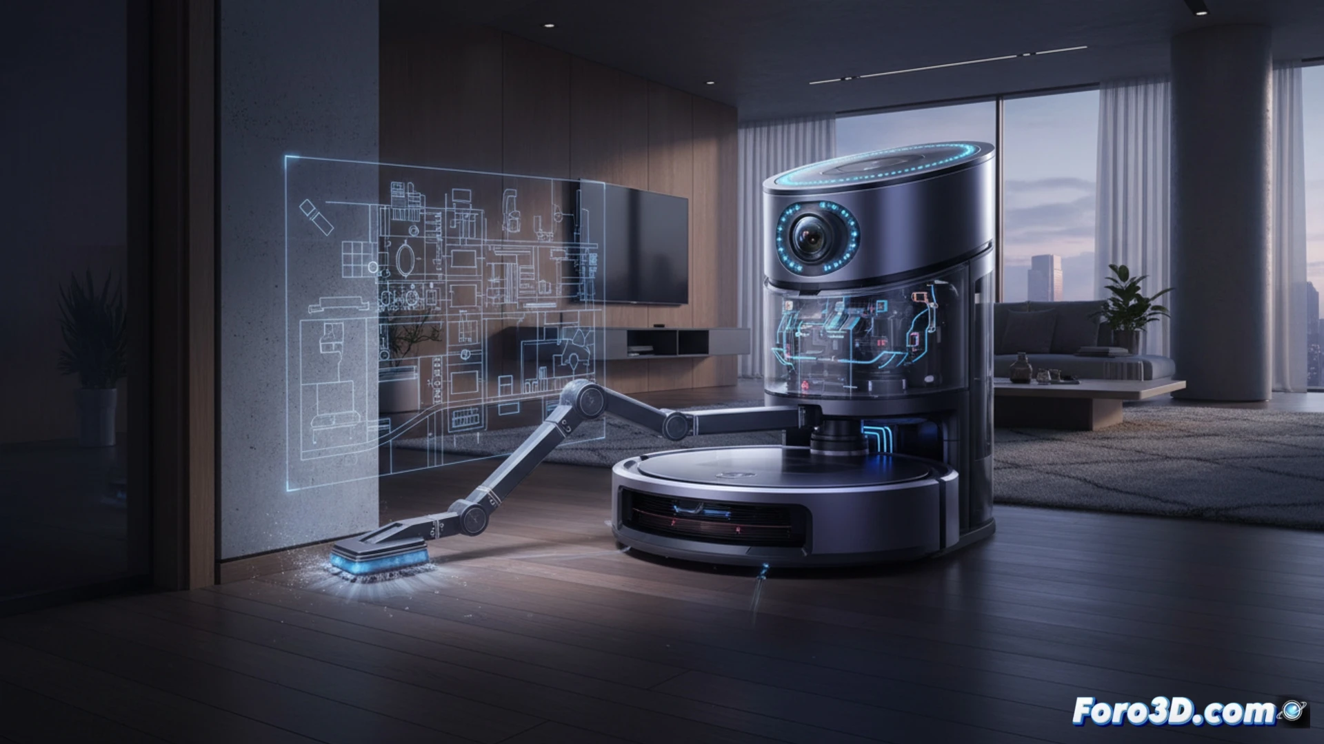 Robot aspiradora Dyson 360 Vis Nav con cámara 360 grados y brazo extensible sobre suelo de madera
