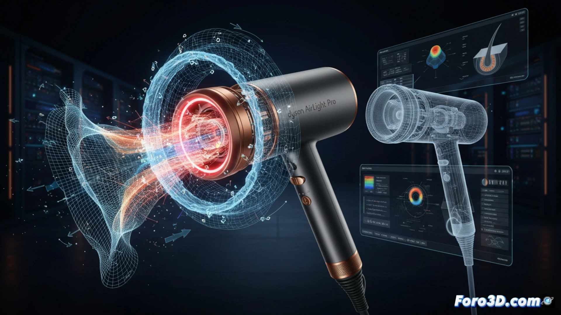 Secador Dyson AirLight Pro modelado 3D con carcasa traslúcida y detalles de ingeniería en render fotorrealista