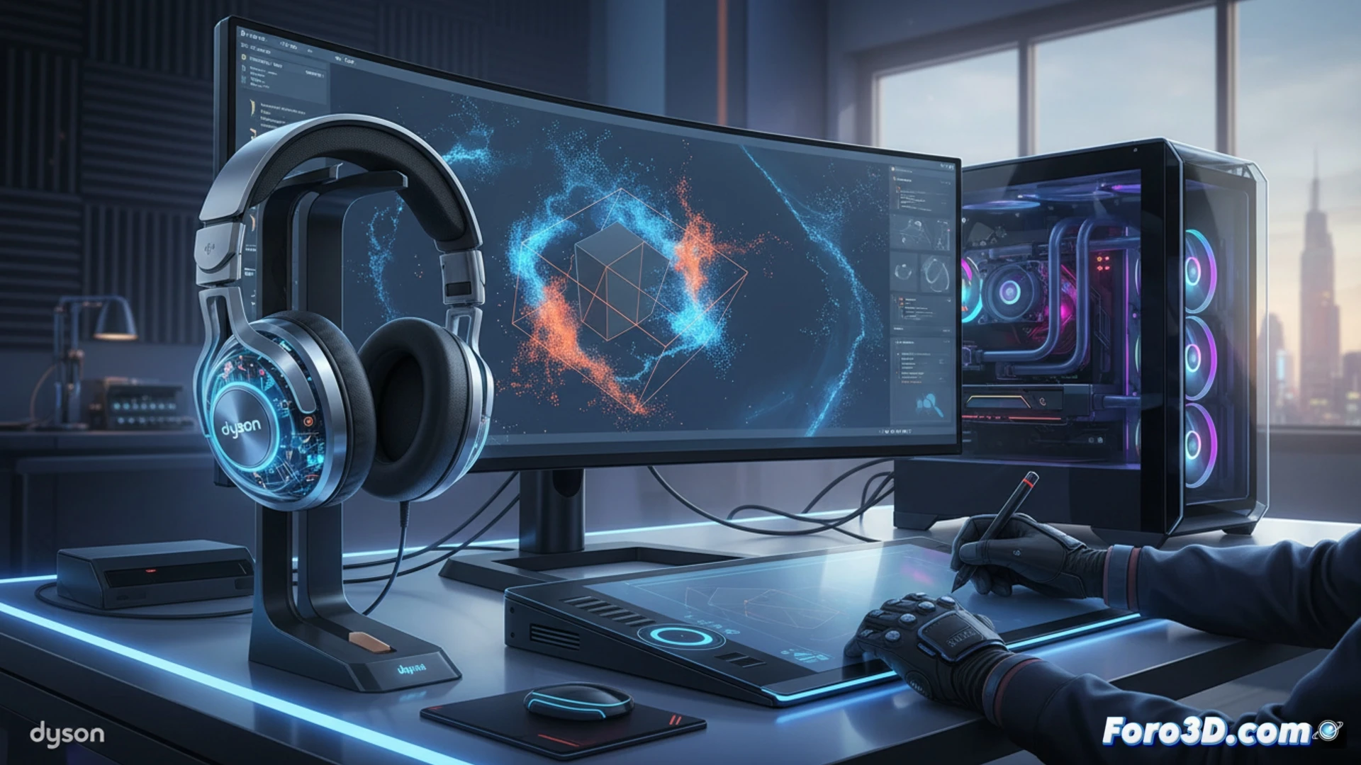 Dyson OnTrac auriculares negros sobre escritorio con monitor 3D y estación de trabajo renderizado