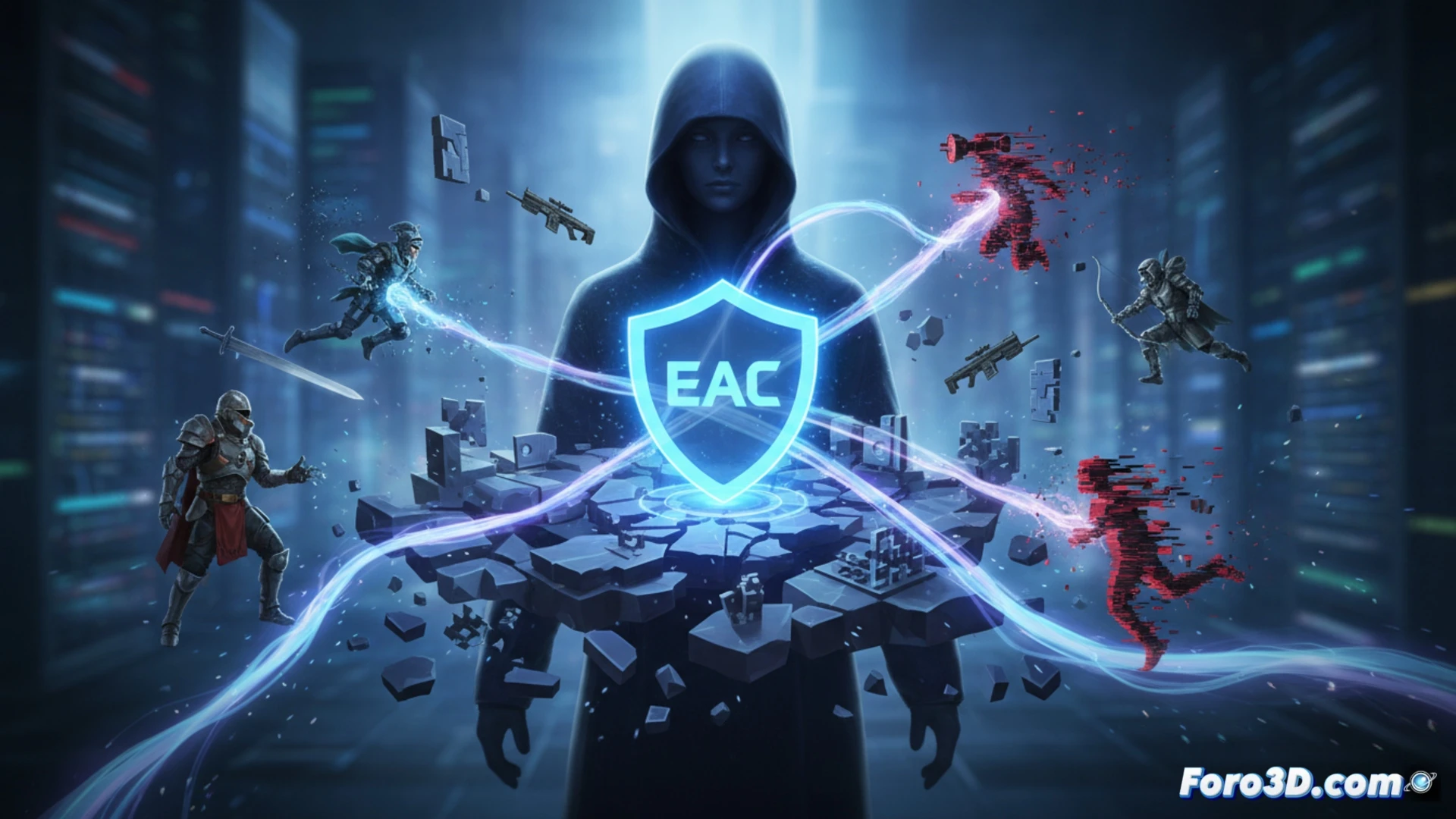 cyberpunk gaming scene, Easy Anti-Cheat shield icon glowing blue over a battlefield, aimbot crosshairs shattering into pixels while wallhack wireframes dissolve, anticheat software scanning background processes, server logs flashing red warnings, hacker account flagged with skull icon, cinematic technical illustration, dark neon-lit cyberspace, glowing data streams flowing through firewall barriers, dramatic lighting from monitor screens, photorealistic digital art, ultra-detailed code strings and network nodes, motion blur on hacking tools being disabled